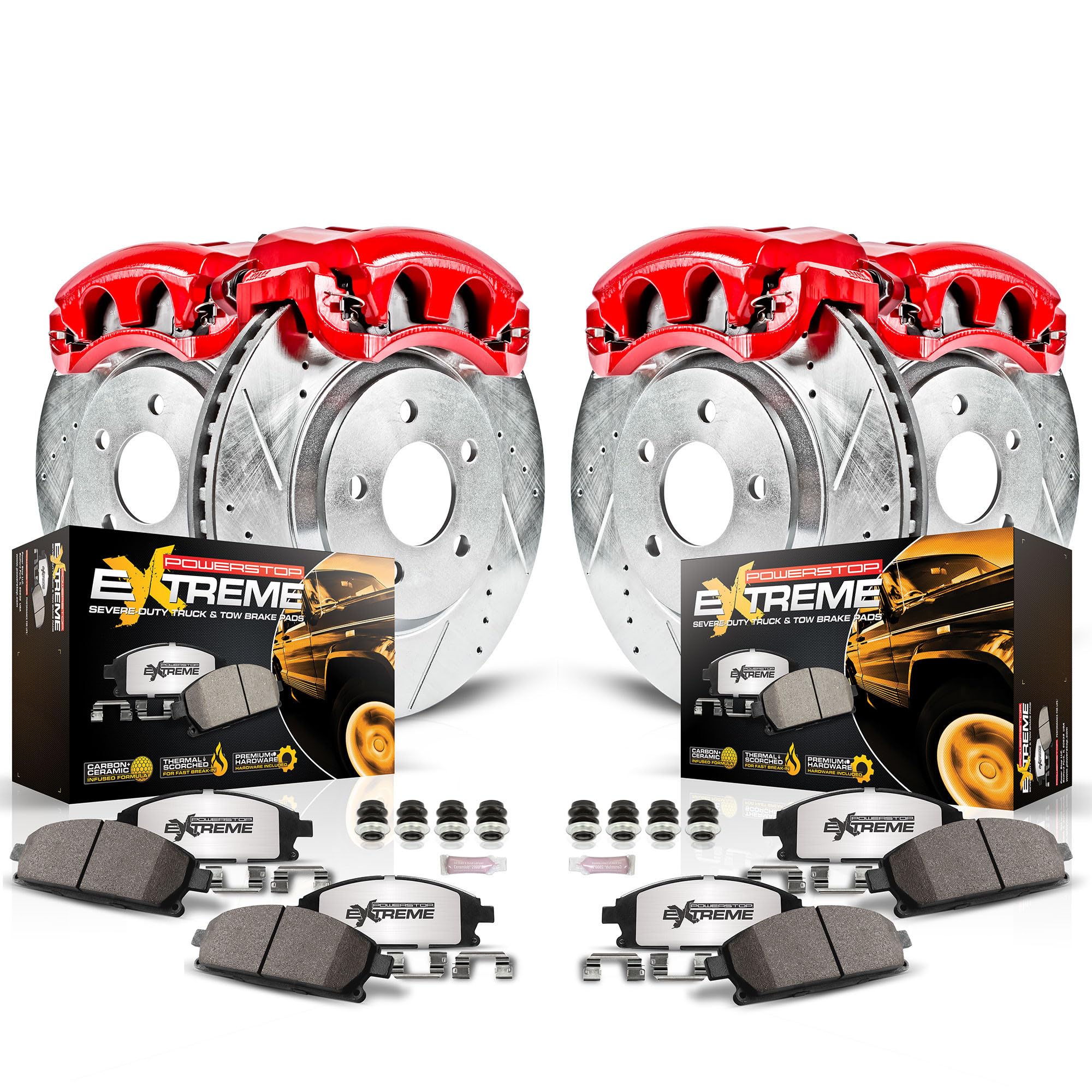 Power Stop KC2154-36 Caliper Kit for 2003-2006 Jeep Wrangler with Rear Disc - Front & Rear Truck Brake Calipers, Drilled & Slotted Rotors, Carbon-Fiber Ceramic Pads - Perfect for Off-Roading, Towing & Heavy-Duty Use