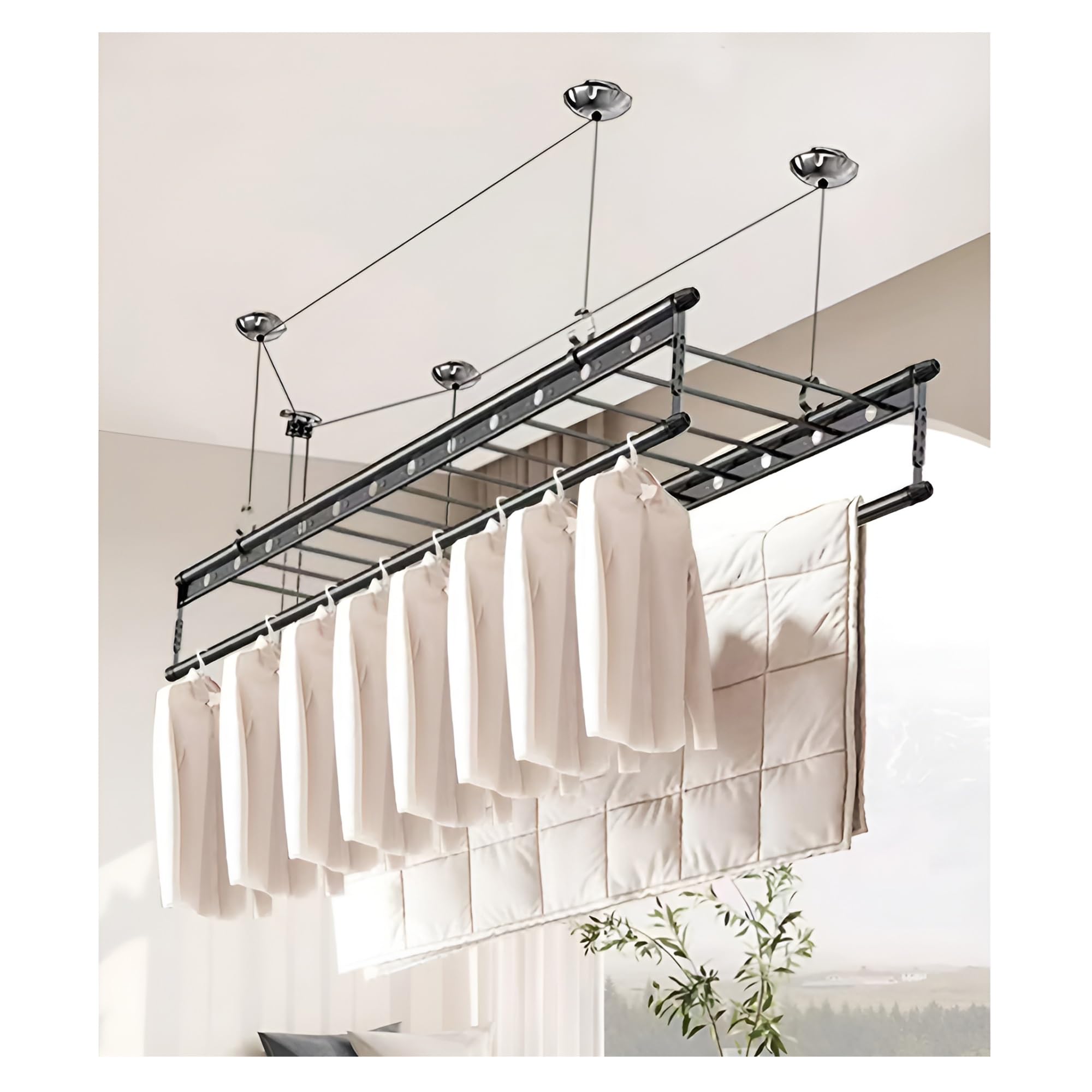 Bensmile 150cm Aluminum Alloy Ceiling Drying Rack - 4-Bar Pulley Clothesline for Laundry, Balcony & Indoor Use (Black) | Space-Saving Clothes Drying Solution for Apartments & Homes