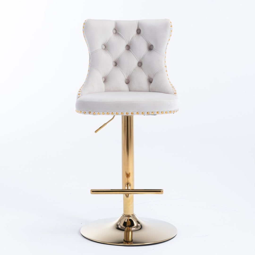 Adjustable Height Swivel Bar Stool with Footrest - Velvet Upholstery, Gold Metal Base & Studded Design - Perfect for Kitchen Islands, Home Bars & Dining Areas (Beige)