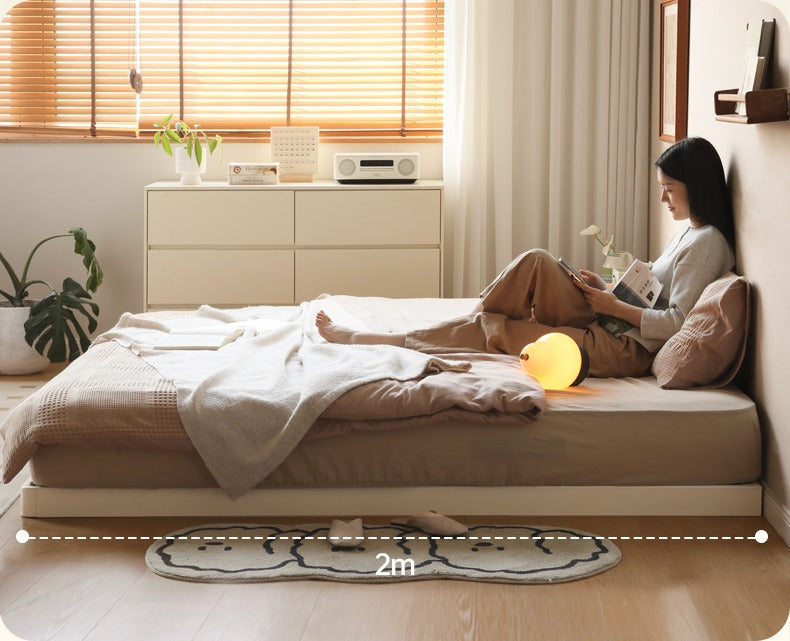 Birch Solid Wood Platform Bed - No Headboard Low Profile Floor Bed in Cream - Perfect for Minimalist Bedrooms, Small Spaces & Modern Home Decor