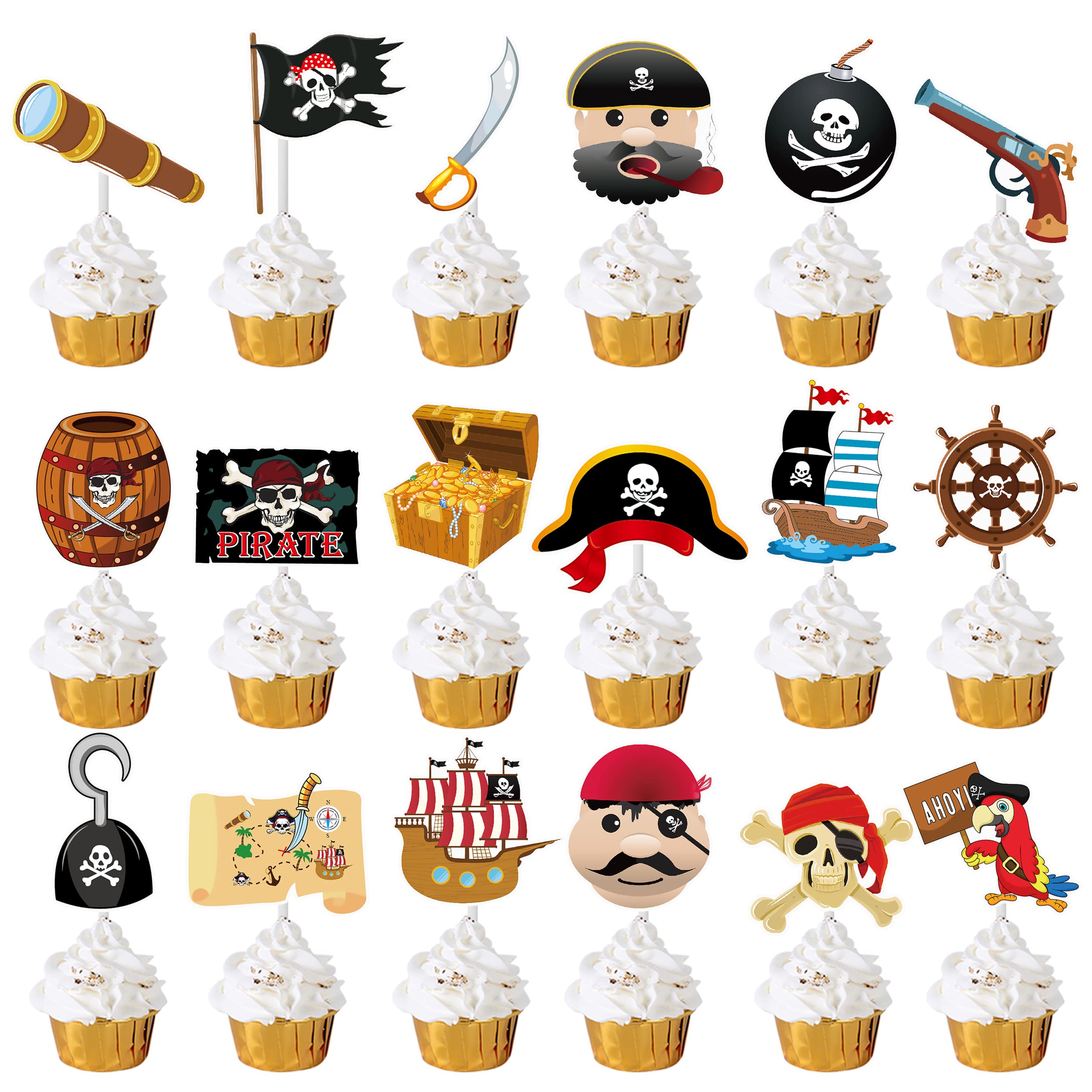 36PCS Pirate Cupcake Toppers - Pirate Party Decorations, Nautical Sailing Cake & Cupcake Picks for Pirate Theme Birthday Party, Baby Shower Supplies - Perfect for Pirate Themed Events, Kids Birthday Cakes & Ocean Adventure Parties