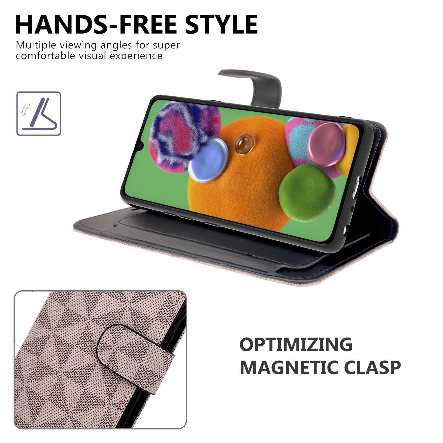 Samsung Galaxy A90 5G Wallet Case - RFID Blocking PU Leather Flip Folio Stand Cover with Card Slots (Beige Checker) | Perfect for Daily Use, Travel & Business Meetings