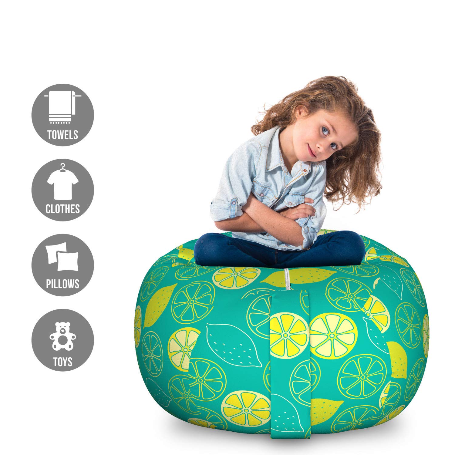 Ambesonne Large Washable Toy Storage Bag Chair - Citrus Lemon Pattern, Stuffed Animal Organizer for Kids Room, Playroom & Nursery - Yellow Shamrock Green