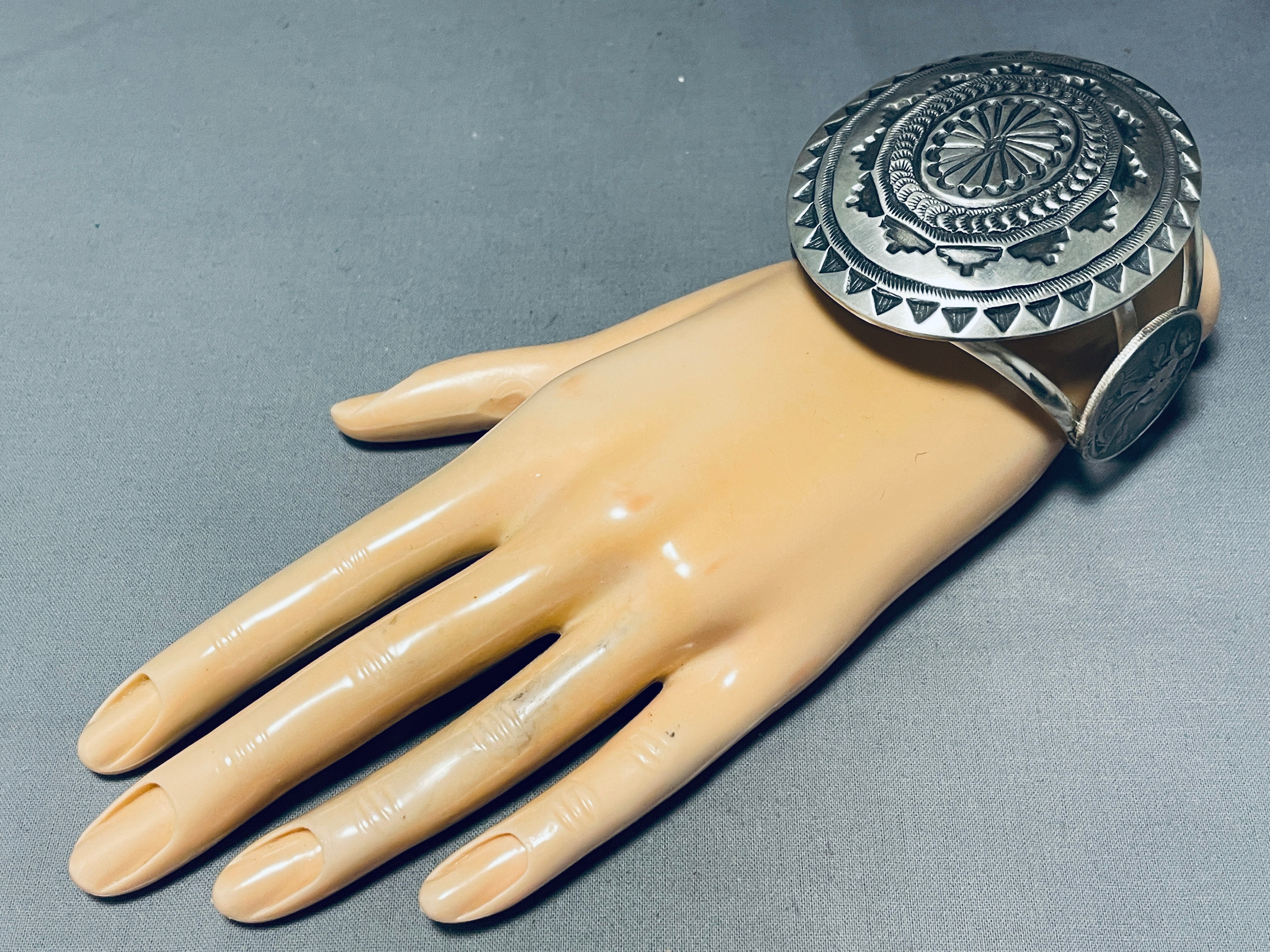 108 Grams Massive Shield Native American Navajo Sterling Silver Stamped Bracelet - Authentic Handcrafted Jewelry for Women, Perfect for Cultural Events & Boho Fashion