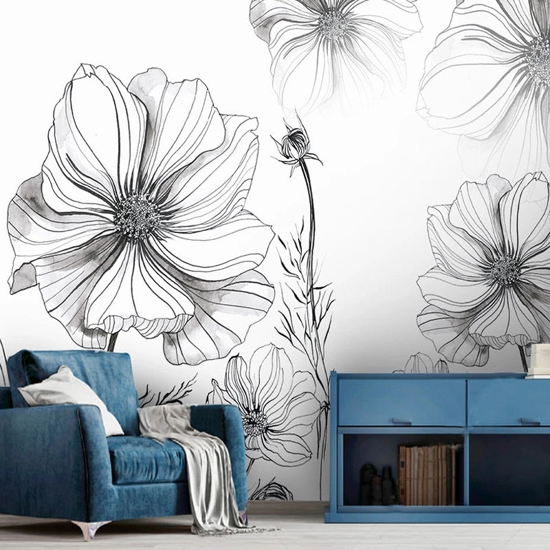 Sketch Flower Wallpaper Mural - Unique Hand-Drawn Floral Design for Living Room, Bedroom & Office Decor | Peel & Stick Removable Wall Art