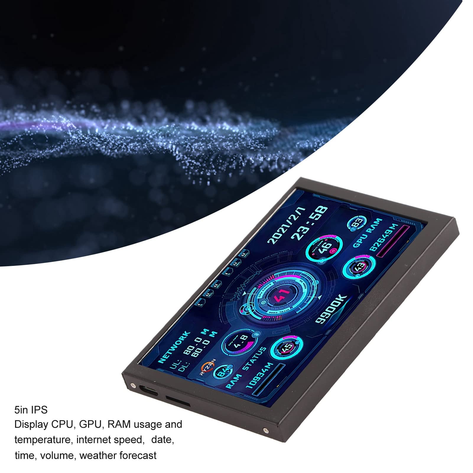 5 Inch IPS USB Mini Monitor - Multi-Themed PC Temperature Display with AIDA64 Support for CPU GPU RAM Data - USB C Secondary Screen for Computer Case - Perfect for Gaming Rigs & Workstation Setups