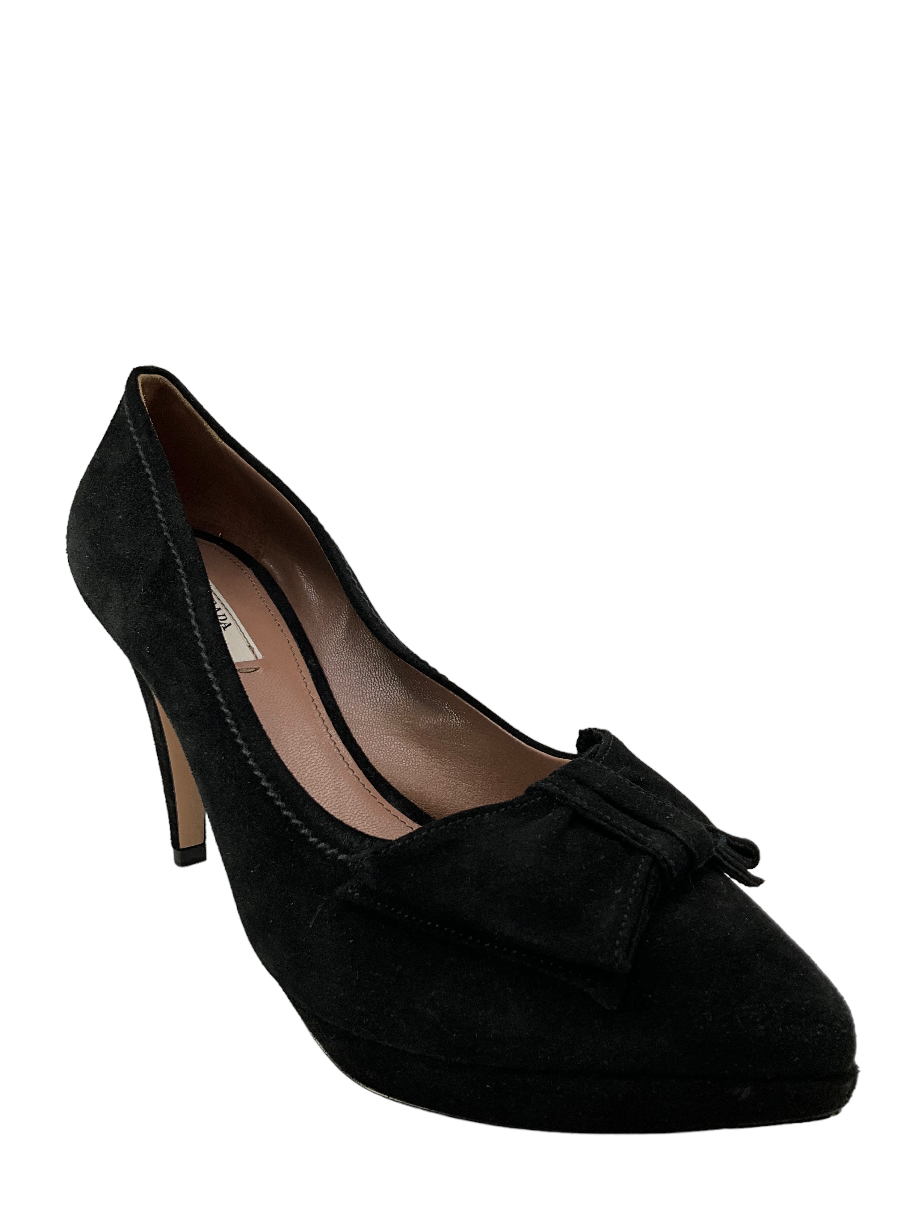 Prada Black Suede Platform Pumps with Bow - Women's Size 8.5 US | Luxury High Heel Dress Shoes for Weddings, Parties & Formal Events