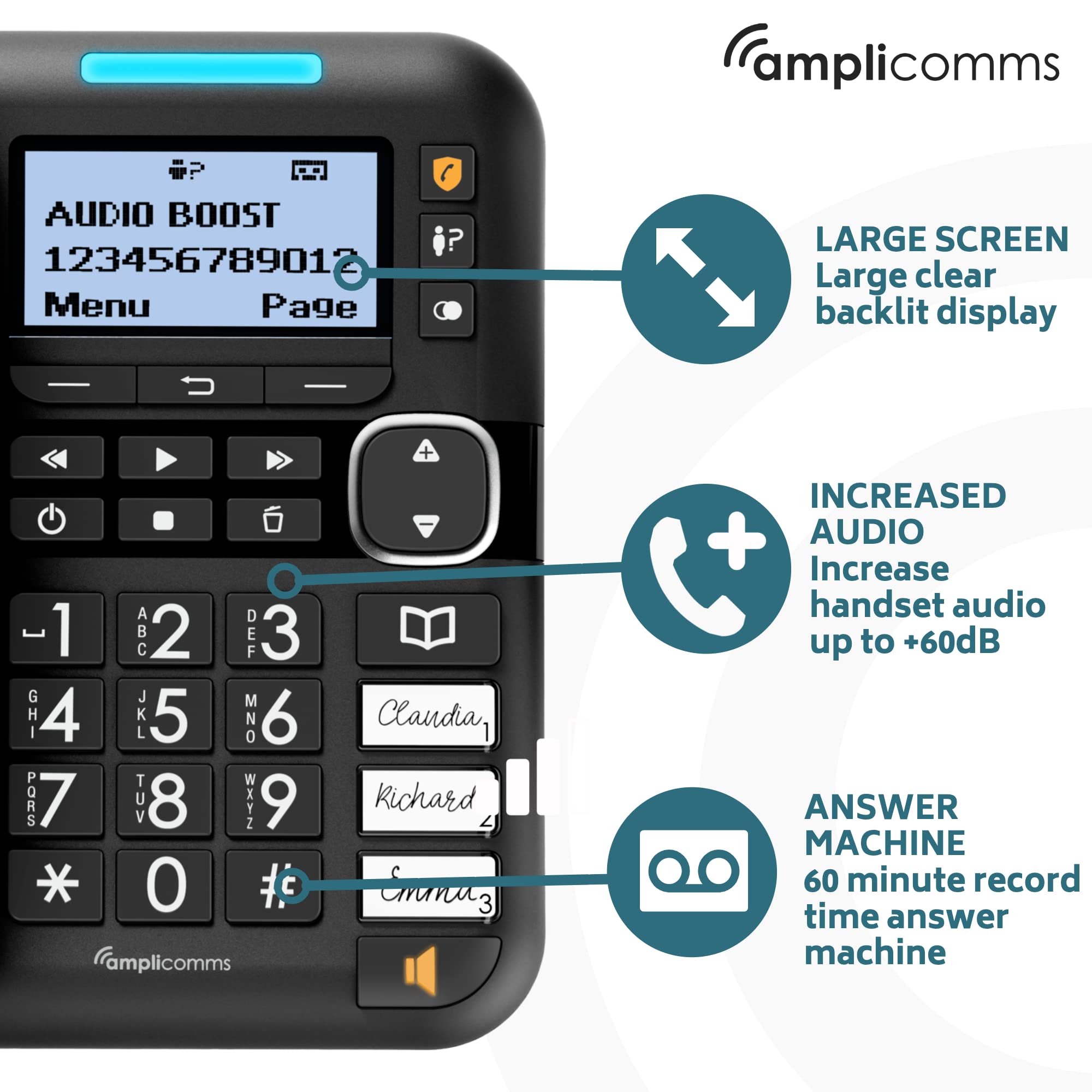 Amplicomms BigTel 1580 Corded Big Button Phone for Seniors - Hearing Aid Compatible Loud Speakerphone with Answering Machine & Extra Handset - Easy-to-Use Telephone for Elderly & Hard of Hearing - Perfect for Home, Office, or Care Facilities