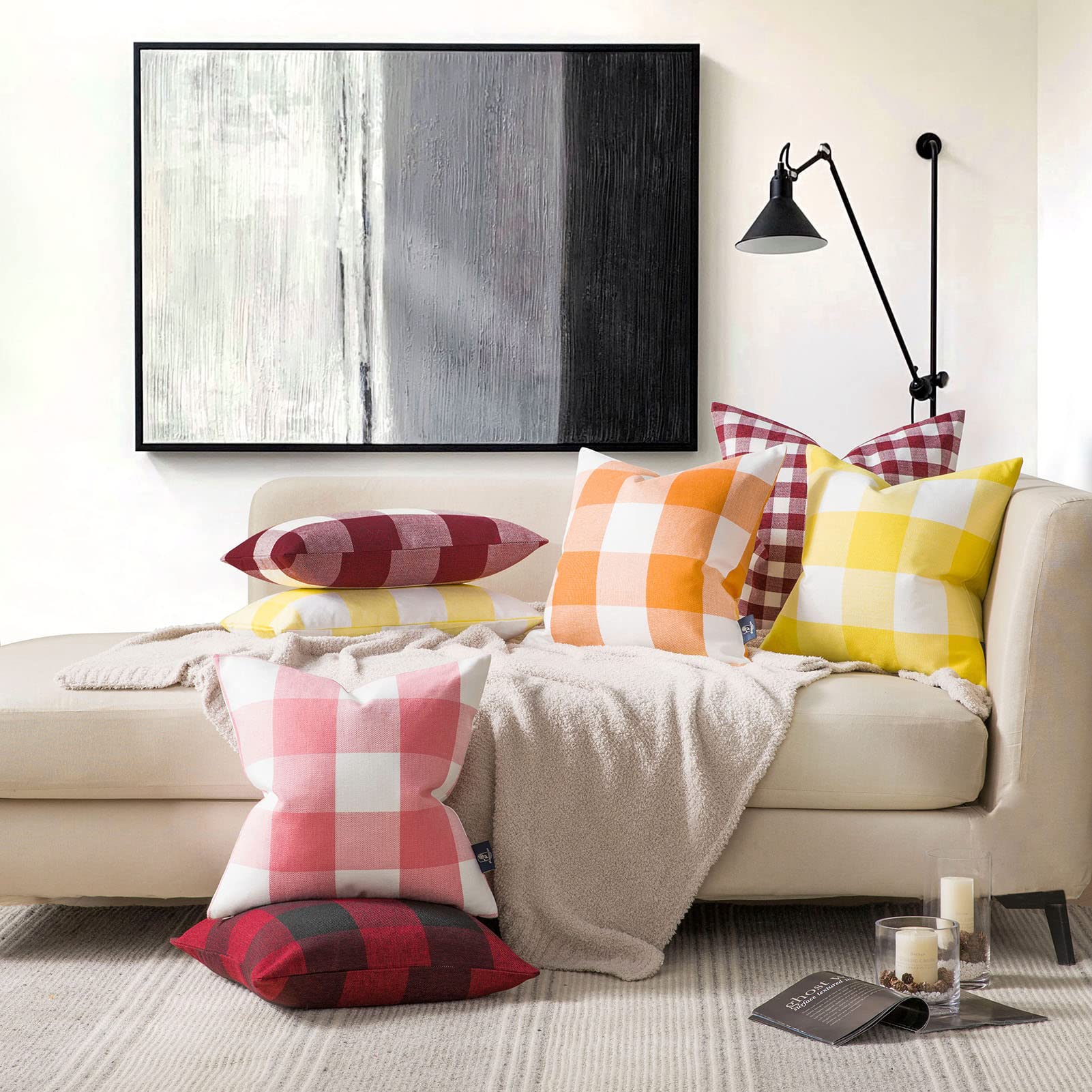 Pack of 2 Orange Gingham Buffalo Check Plaid Throw Pillow Covers 18x18 Inches - Farmhouse Fall Decor, Halloween Home Accents for Sofa, Bed & Porch