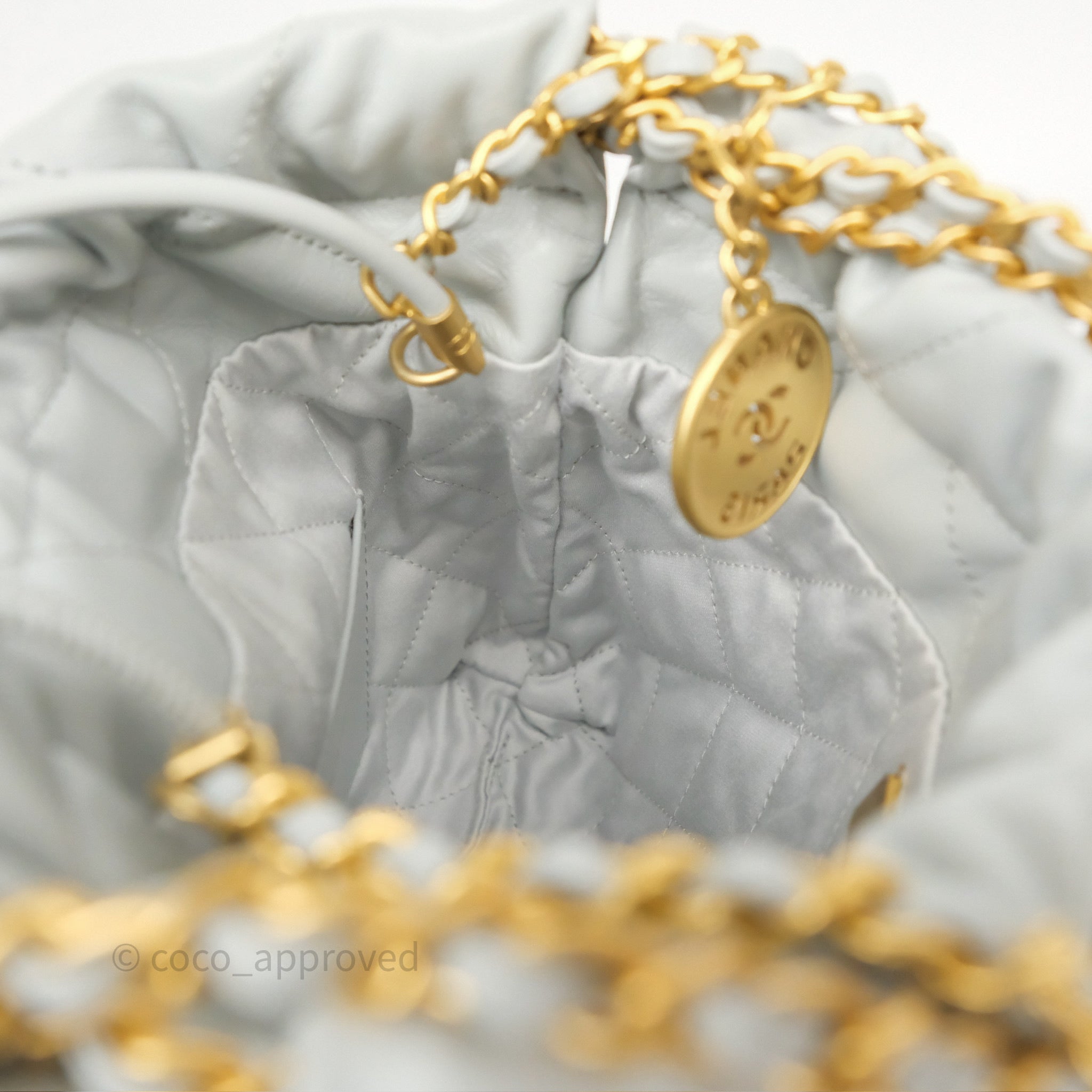 Chanel 22 Mini Bag Light Blue Shiny Crumpled Calfskin with Aged Gold Hardware - Luxury Crossbody Purse for Women, Perfect for Date Night & Evening Events