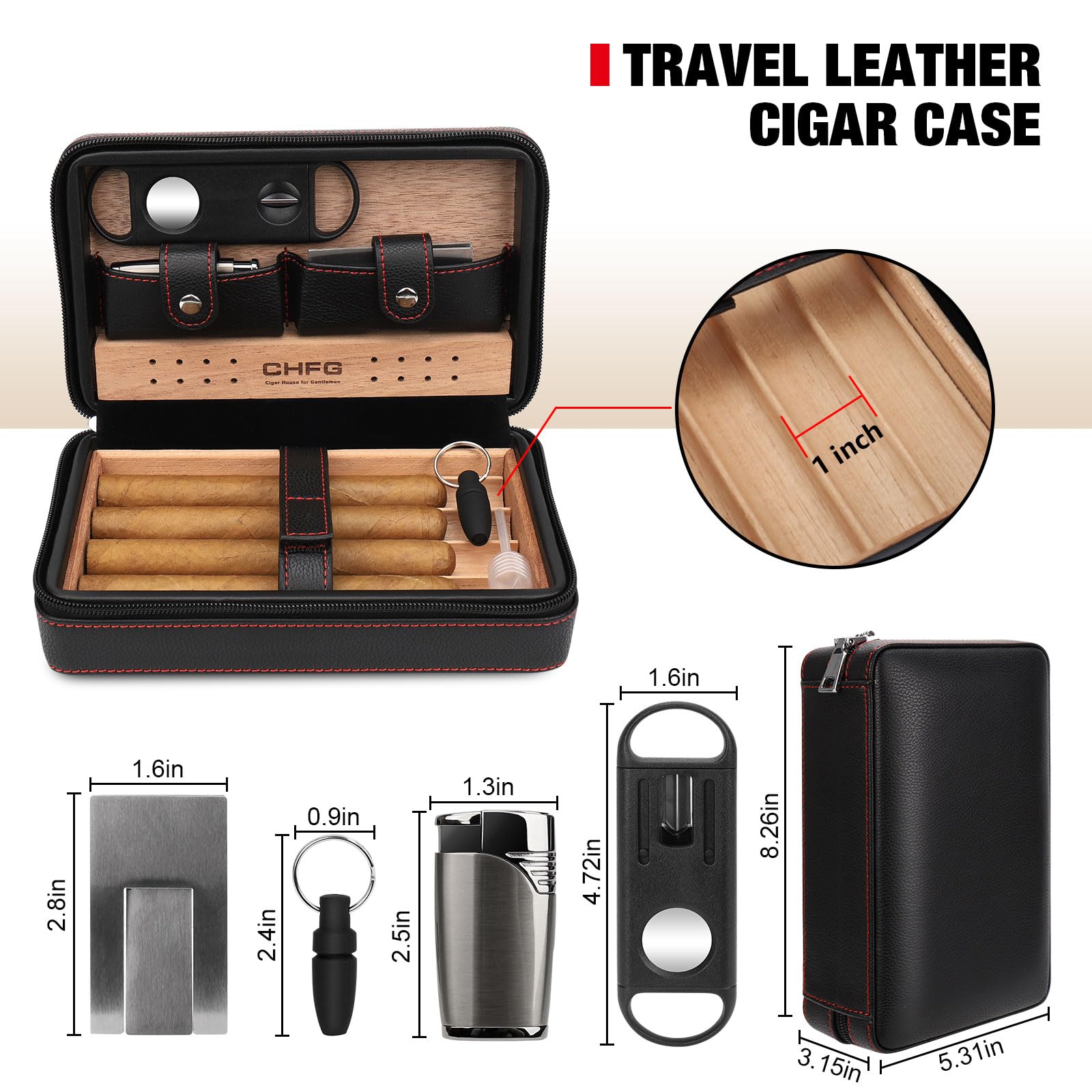 Premium Leather Cigar Case with Cedar Wood Travel Humidor - Portable Cigar Box Set Includes Cigar Lighter Accessories (Holds 4 Cigars) - Perfect Gift for Men & Cigar Enthusiasts - Ideal for Travel, Business Gifts & Special Occasions (Black)