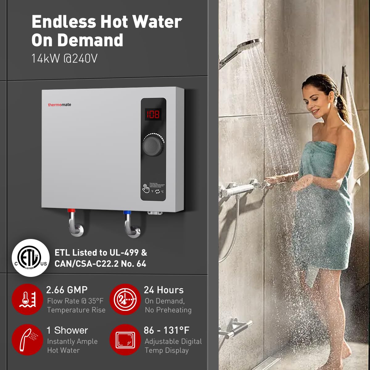 Thermomate 14kW Electric Tankless Water Heater - 240V On Demand Instant Hot Shower Heater | Self-Modulating Energy Efficient | Compact Space Saving Design (2.66GPM at 35°F Rise) | Perfect for Bathrooms, RV Showers & Small Homes