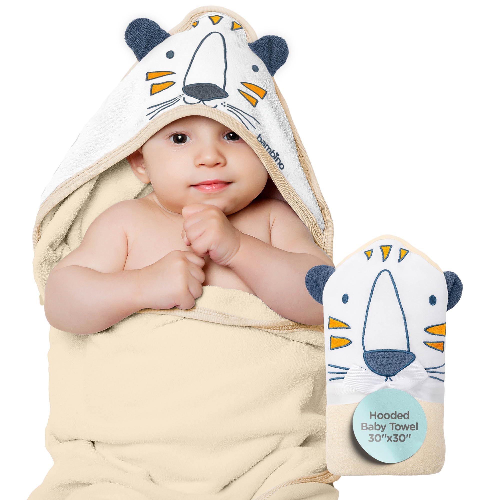 Soft 100% Cotton Baby Hooded Towel 30x30 Inch - 2-Layer Terry Cloth Newborn Bath Towel for Boys & Girls - Machine Washable Baby Shower Gift (Beige Tiger Print) by BAMBINO CREATIONS - Perfect for Bath Time, Swimming & Spa Days