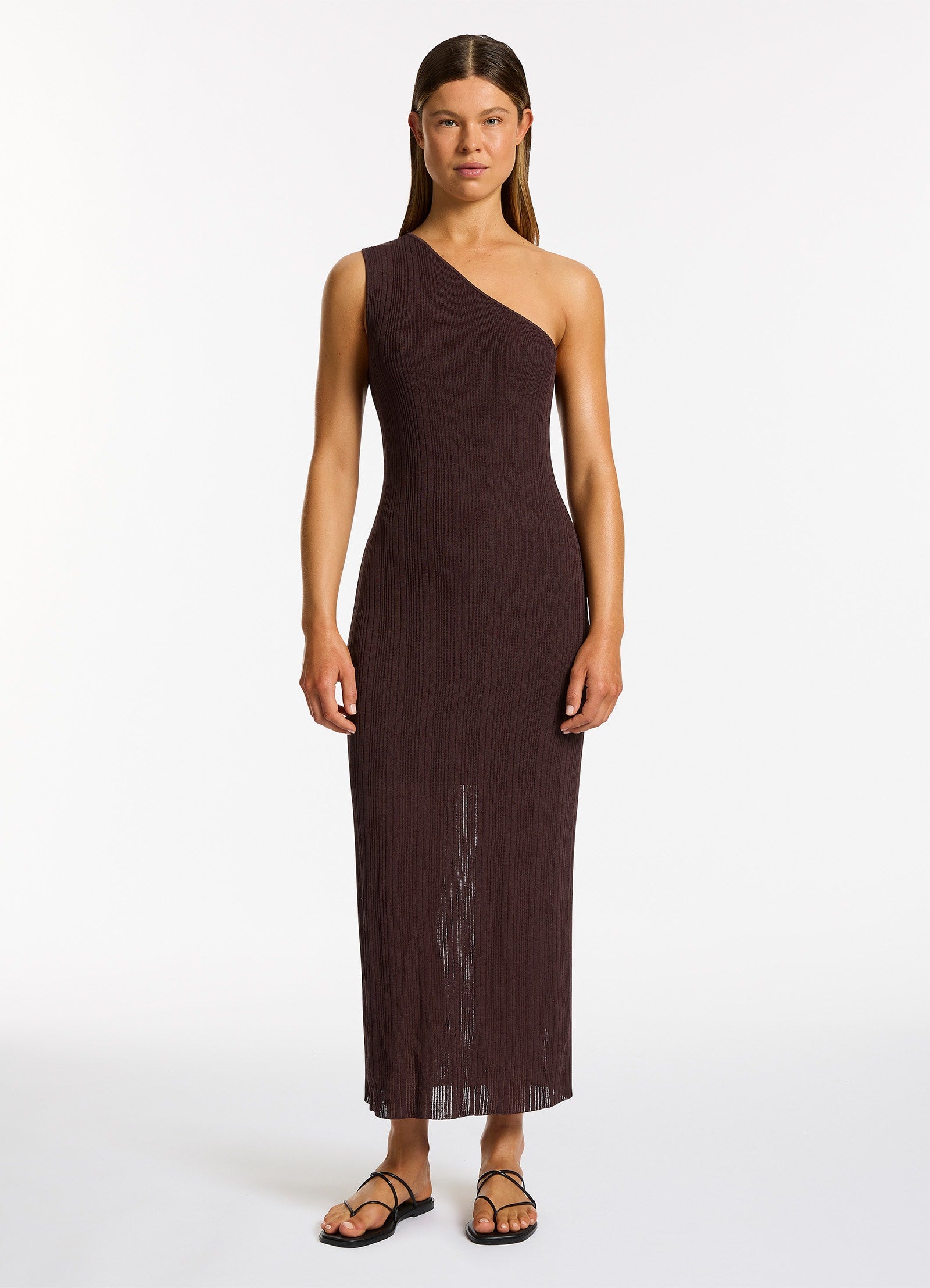 Jetset Knit One Shoulder Dress in Chocolate Brown - Perfect for Cocktail Parties & Summer Vacations