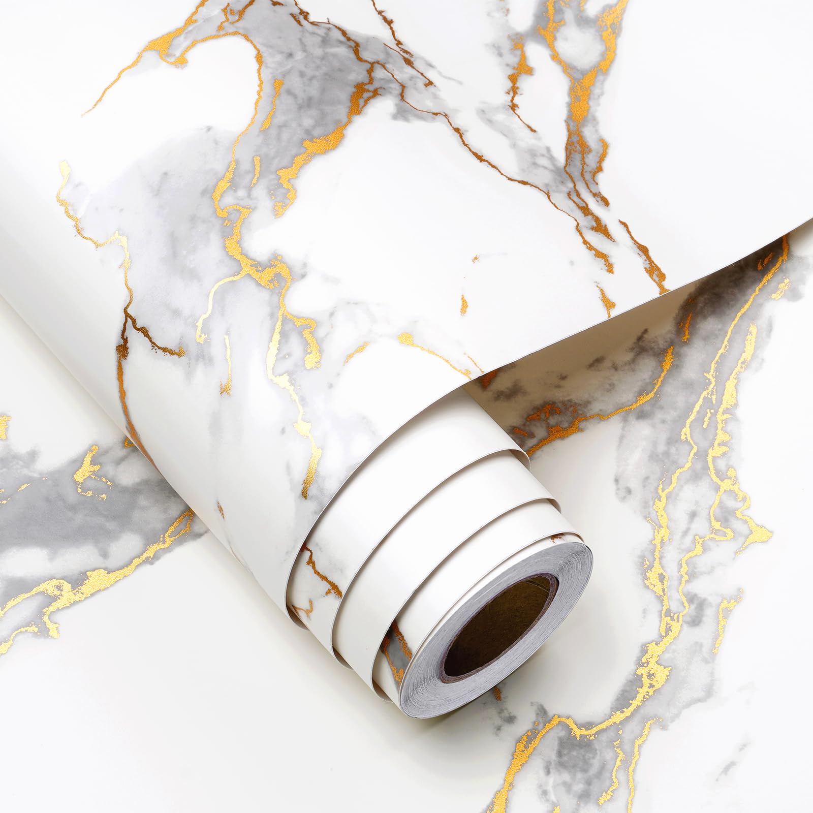 FunStick 40CMx6M Gold White Marble Contact Paper - Waterproof Self-Adhesive Vinyl for Countertops, Cabinets & Walls | Peel & Stick Wallpaper for Kitchen, Bathroom & Home Decor