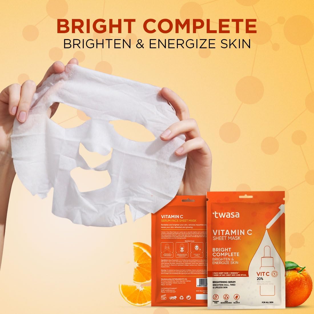 **Twa'sa Vitamin C Serum Face Sheet Mask - Korean Brightening & Dark Spot Correcting Glow Mask for Men & Women | Hydrating & Revitalizing for Glowing Skin | Perfect for Daily Skincare & Spa Nights**