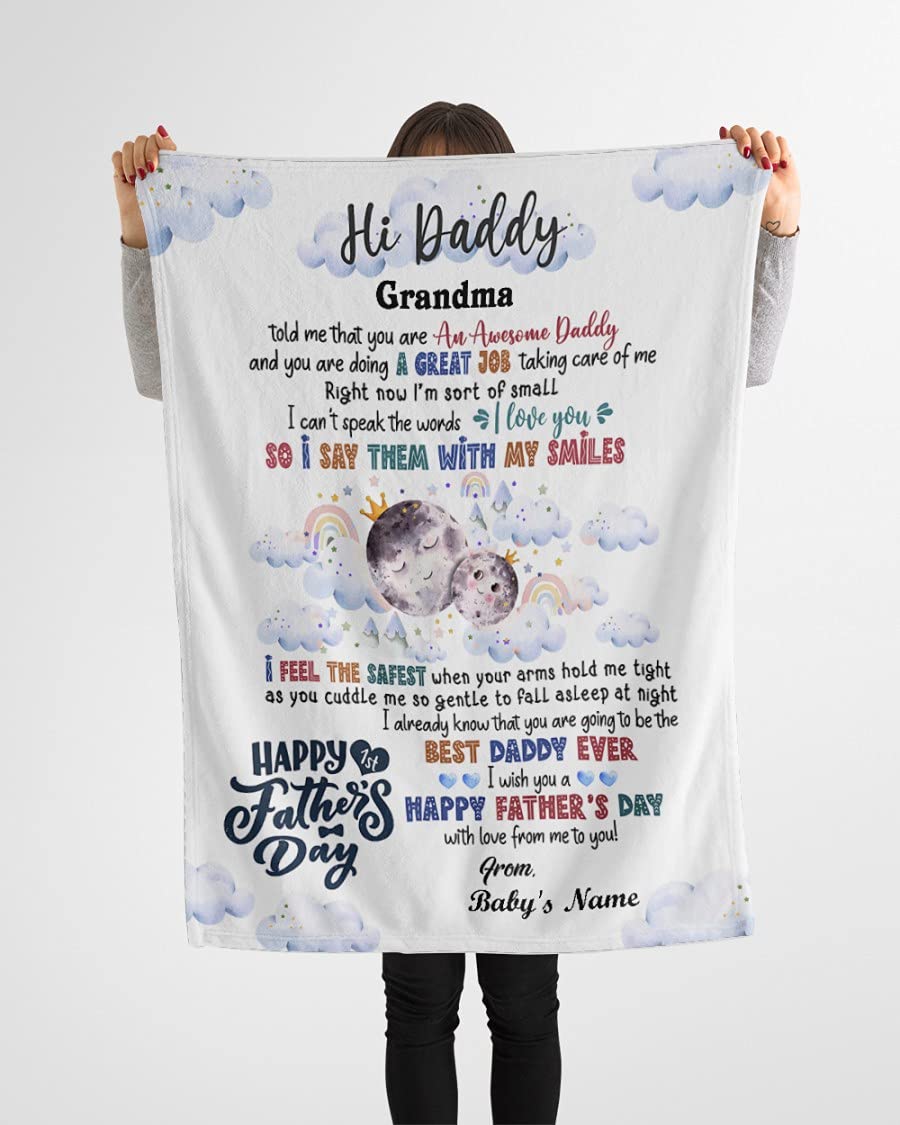 Personalized Happy 1st Father's Day Blanket - Best Daddy Ever Baby Moon Blanket Gift for New Dad from Bump & Newborn | Cozy Nursery Keepsake, Photo Prop & Heartwarming Present