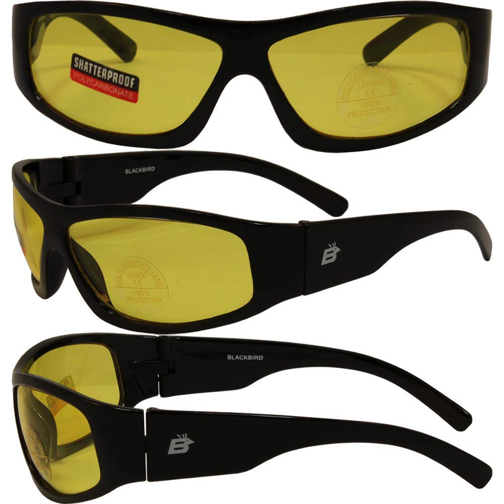 Blackbird Sport Motorcycle Riding Sunglasses - UV Protection, Anti-Glare, Lightweight Black Frame with Yellow Lenses for Men & Women - Perfect for Cycling, Motorcycling, and Outdoor Sports