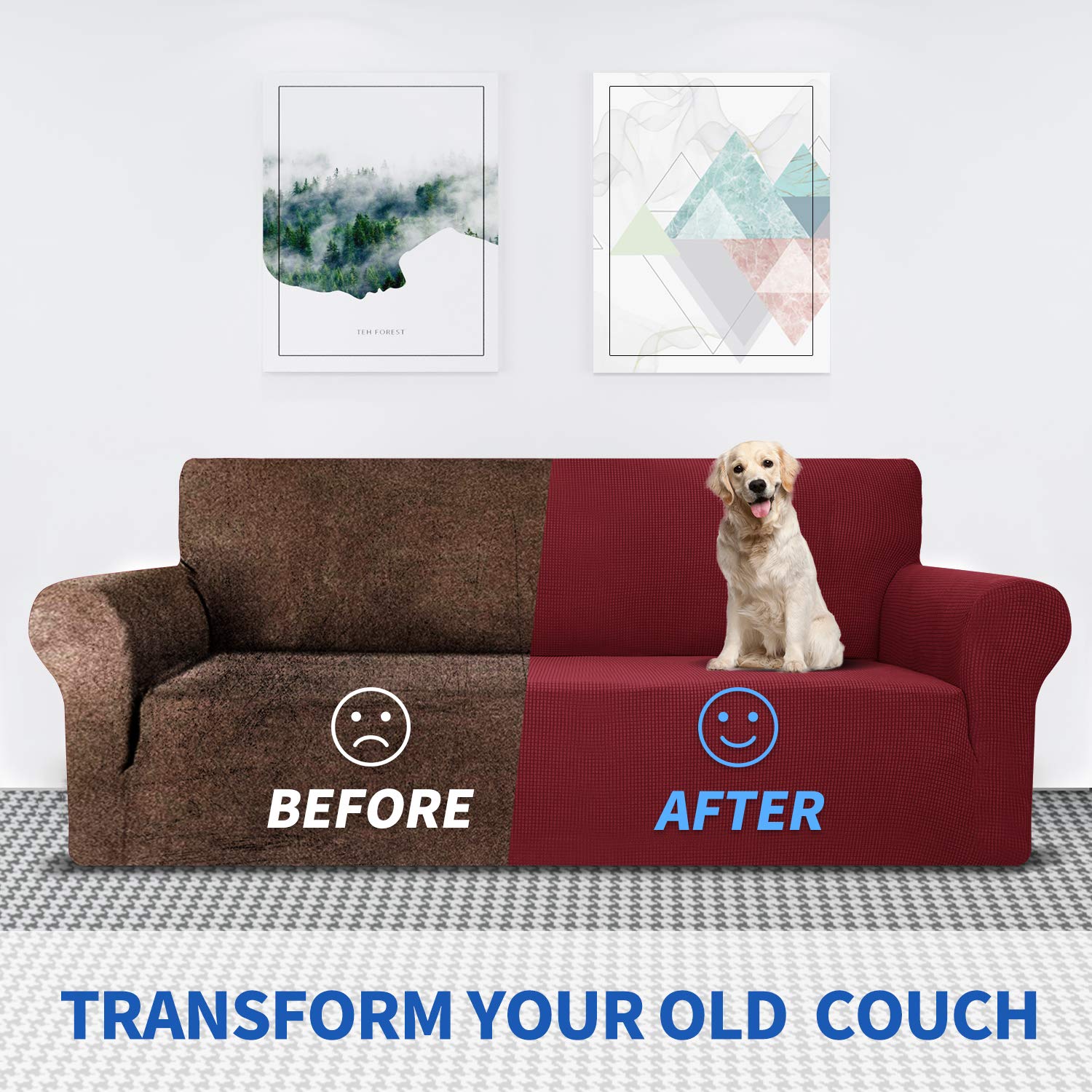 MAXIJIN Super Stretch Sofa Cover for 3 Cushion Couch - 1-Piece Universal Jacquard Spandex Furniture Protector - Pet Friendly Fitted Couch Cover (Extra Large, Wine Red) - Perfect for Living Room, Family Room & Pet Owners