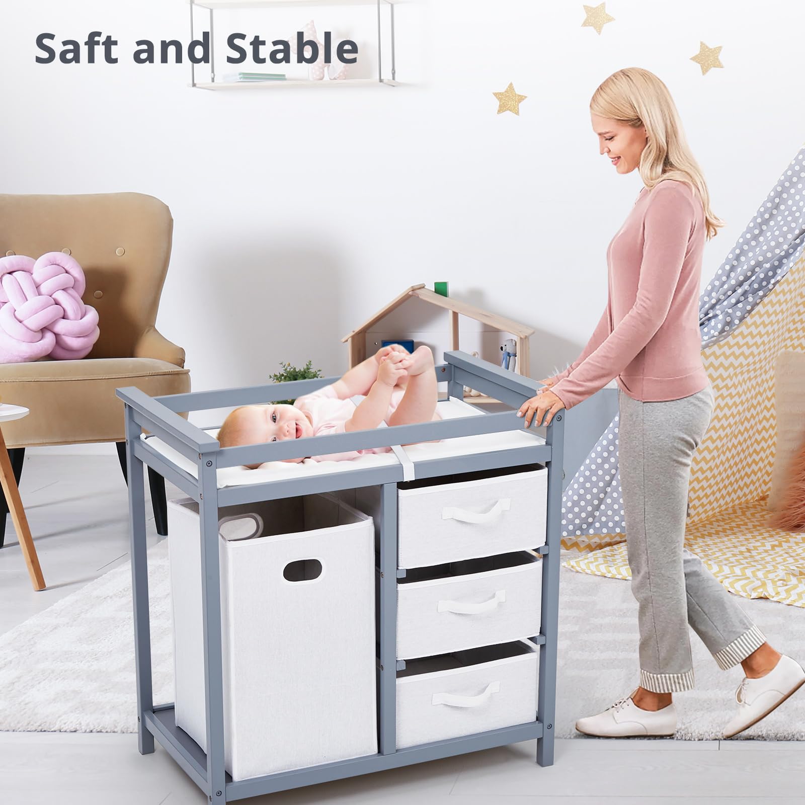Wooden Baby Changing Table with Drawers & Hamper - Nursery Essentials for Diaper Changes