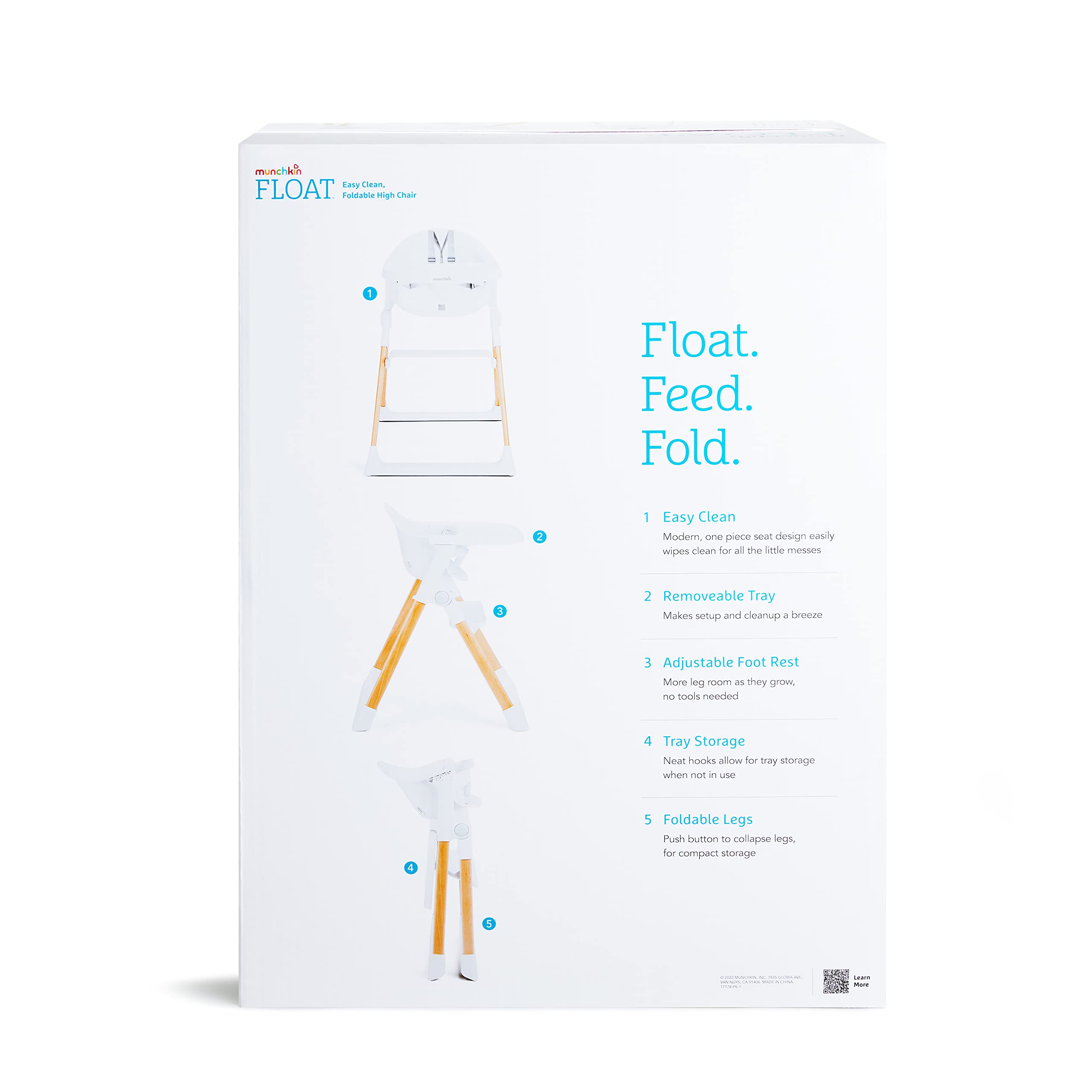 Munchkin Float Baby High Chair - Foldable & Easy Clean Infant Toddler Feeding Seat with Wooden Legs in White - Perfect for Home, Travel & Outdoor Dining