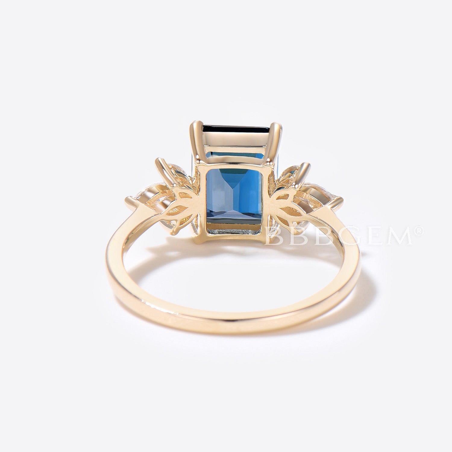 Emerald Cut London Blue Topaz Engagement Ring - 14K/18K Yellow Gold Wedding Band with Marquise Moissanite Accents | December Birthstone Jewelry for Women | Perfect for Proposals, Anniversaries & Special Occasions