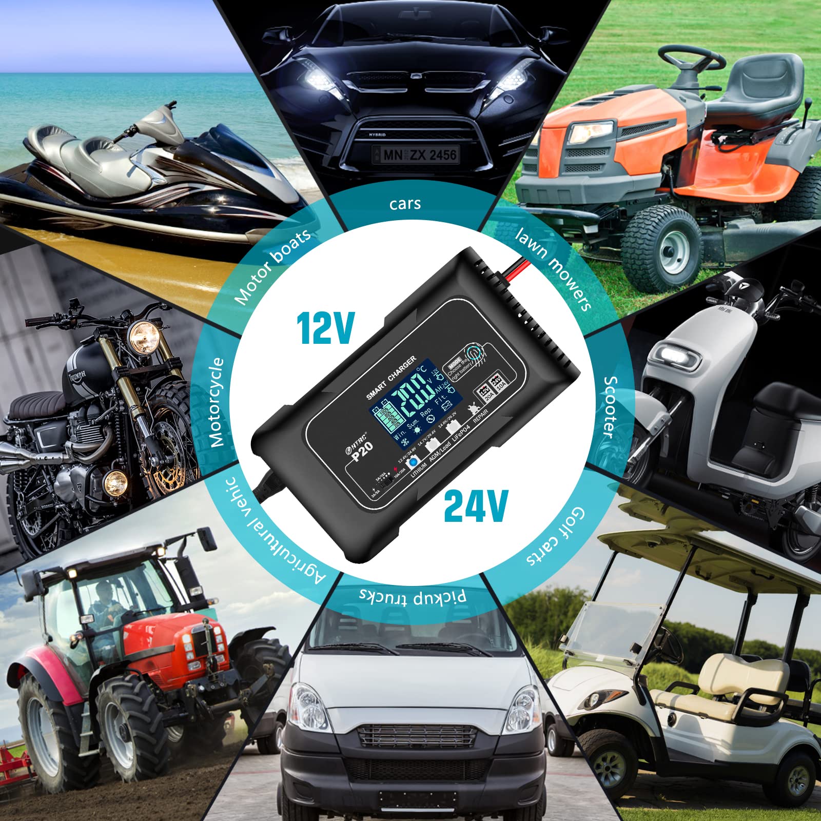 20-Amp Smart Battery Charger for Lithium, LiFePO4, Lead-Acid (AGM/Gel/SLA) - 12V/20A & 24V/10A Car Battery Charger with Trickle Charge & Maintenance Mode - Ideal for Boats, Motorcycles, Lawn Mowers, Golf Carts, RVs & Marine Batteries - Perfect for Long-Term Storage & Deep Cycle Charging