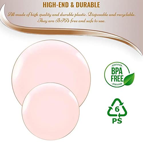 Eco-Friendly Disposable Plastic Plates with Elegant Rim Design - Bulk Round Dinnerware Set for Wedding, Birthday Party, Picnic & Special Events (Pink & Gold, 120-Piece Combo) - Perfect for Outdoor Gatherings, Catering & Home Entertaining