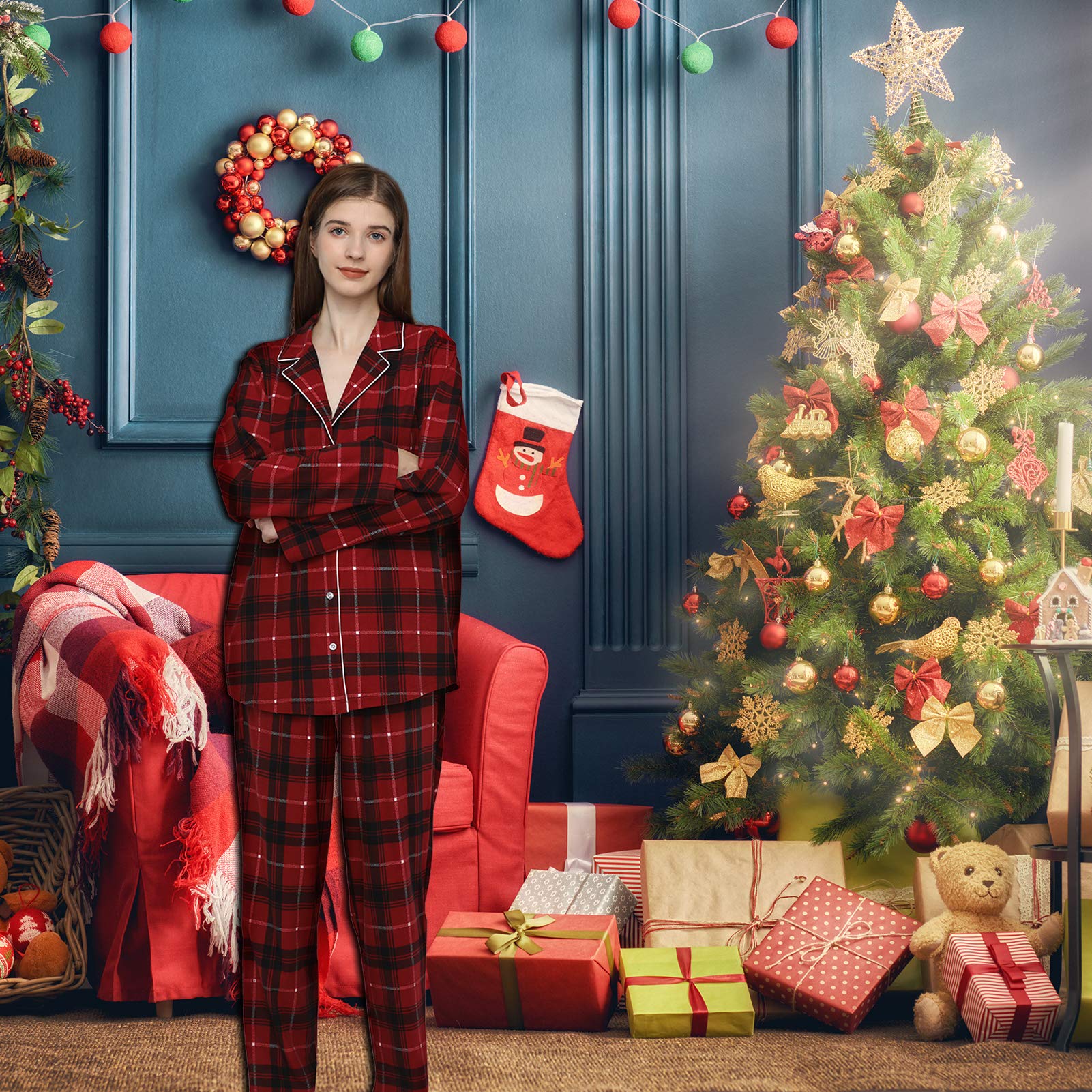 Mnemo Women's Christmas Pajama Set - Plaid Long Sleeve Top & Pants Lounge Wear Gift Set for Women - Cozy Holiday Sleepwear for Christmas Eve, Family Gatherings & Winter Nights