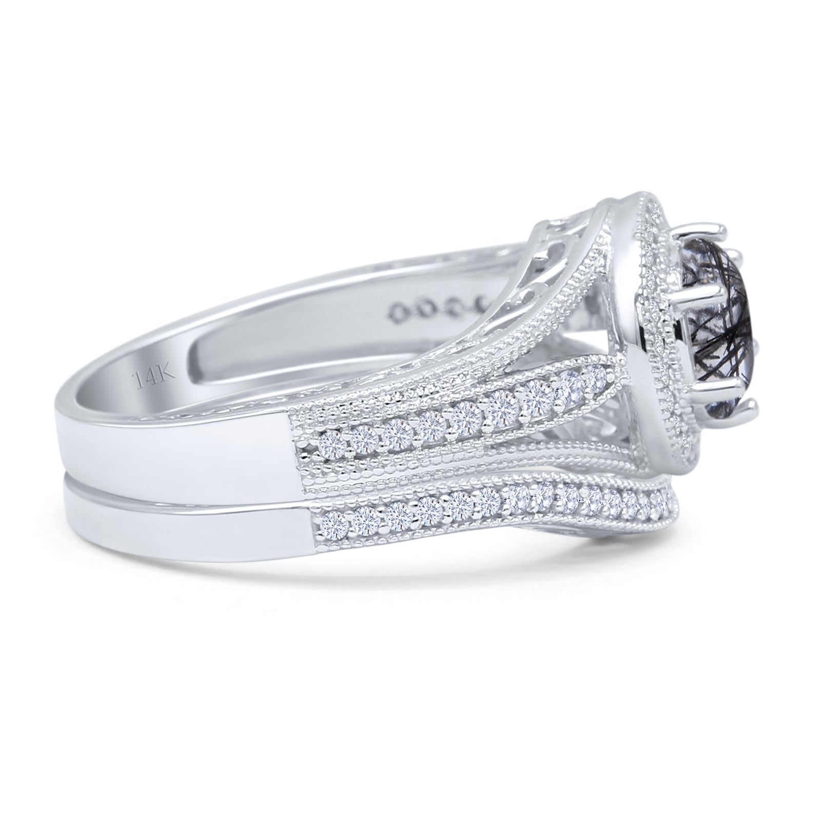 14K White Gold Two-Piece Round Halo Split Shank Curved Contour Band Ring with Natural Rutilated Quartz - Elegant Wedding, Engagement & Anniversary Jewelry Gift for Women