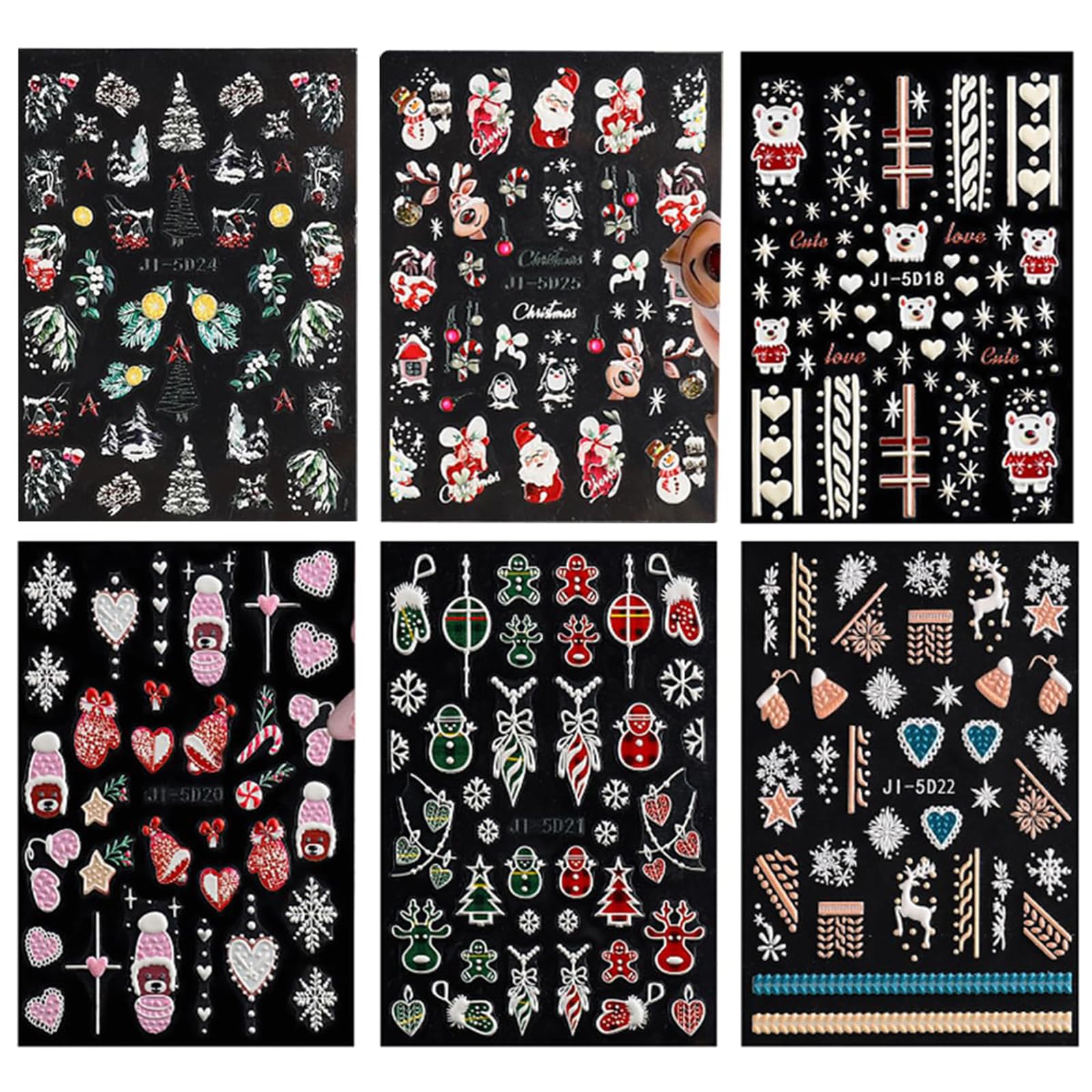 6 Sheets Christmas Nail Stickers - 5D Embossed Snowflake, Bear, Elk, Snowman & Bell Designs | Winter Holiday Nail Art Decals for Women | Perfect for Christmas Parties, Gift Giving & Festive Nail Decorations