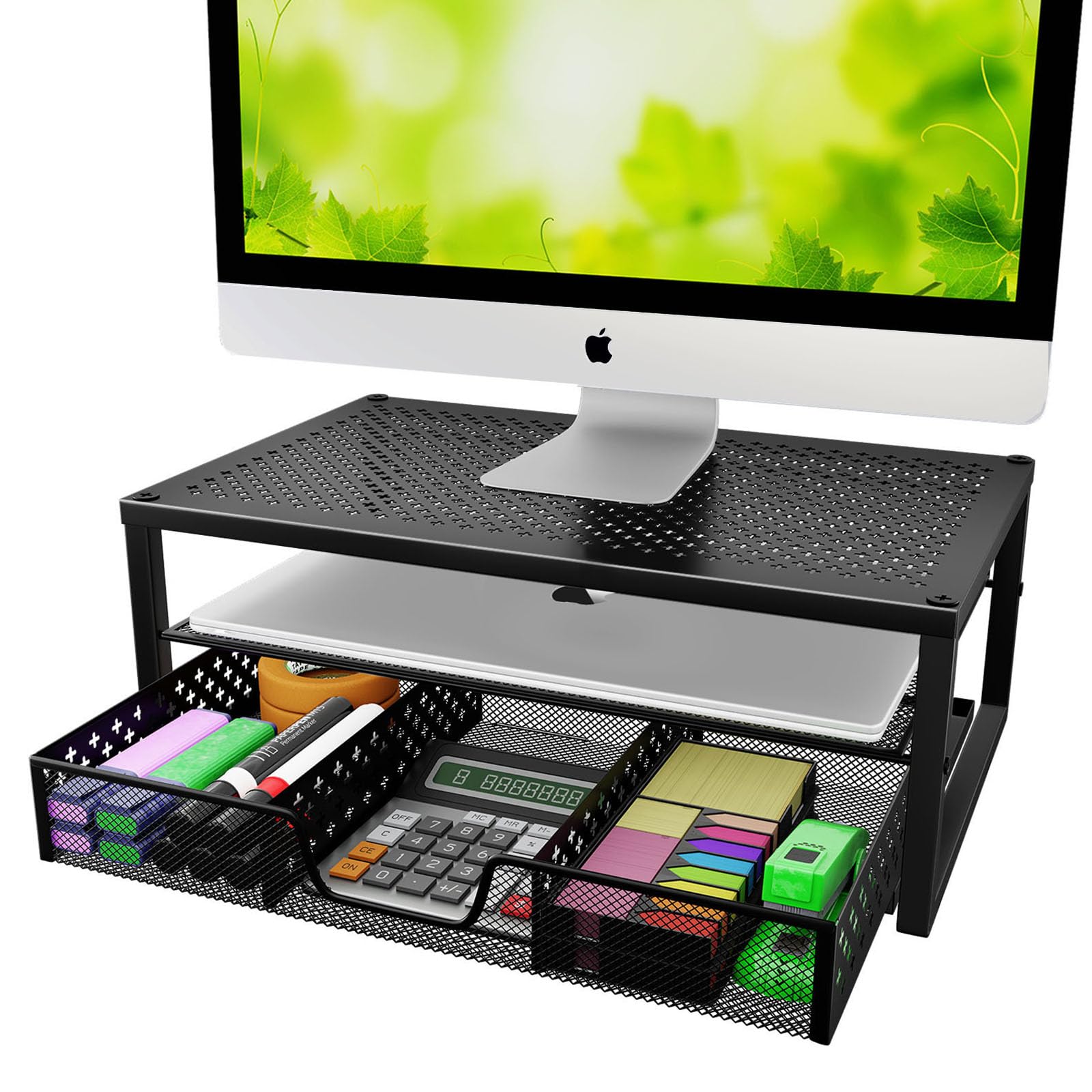 Simple Trending Metal Monitor Stand Riser with Drawer - Black Computer Desk Organizer for Laptop, iMac, and PC - Perfect for Home Office and Gaming Setup