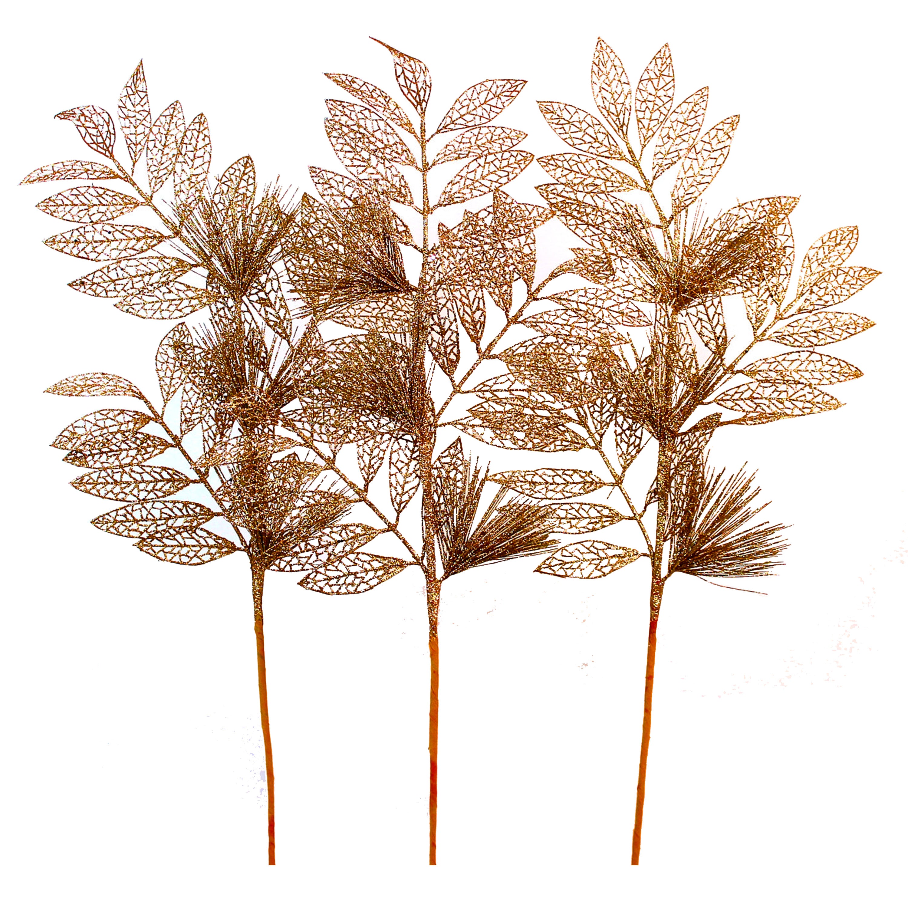 3 Pack Rose Gold Glitter Leaf & Spray Picks - Floral Arrangement, Wedding Bouquet, DIY Craft Decorations for Home and Party