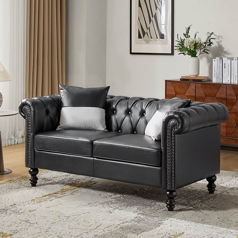 Premium Olga PU Leather Classic Rolled Arms Sofa - Modern Living Room Furniture with 2 Decorative Throw Pillows | Perfect for Small Spaces, Apartments & Cozy Home Decor