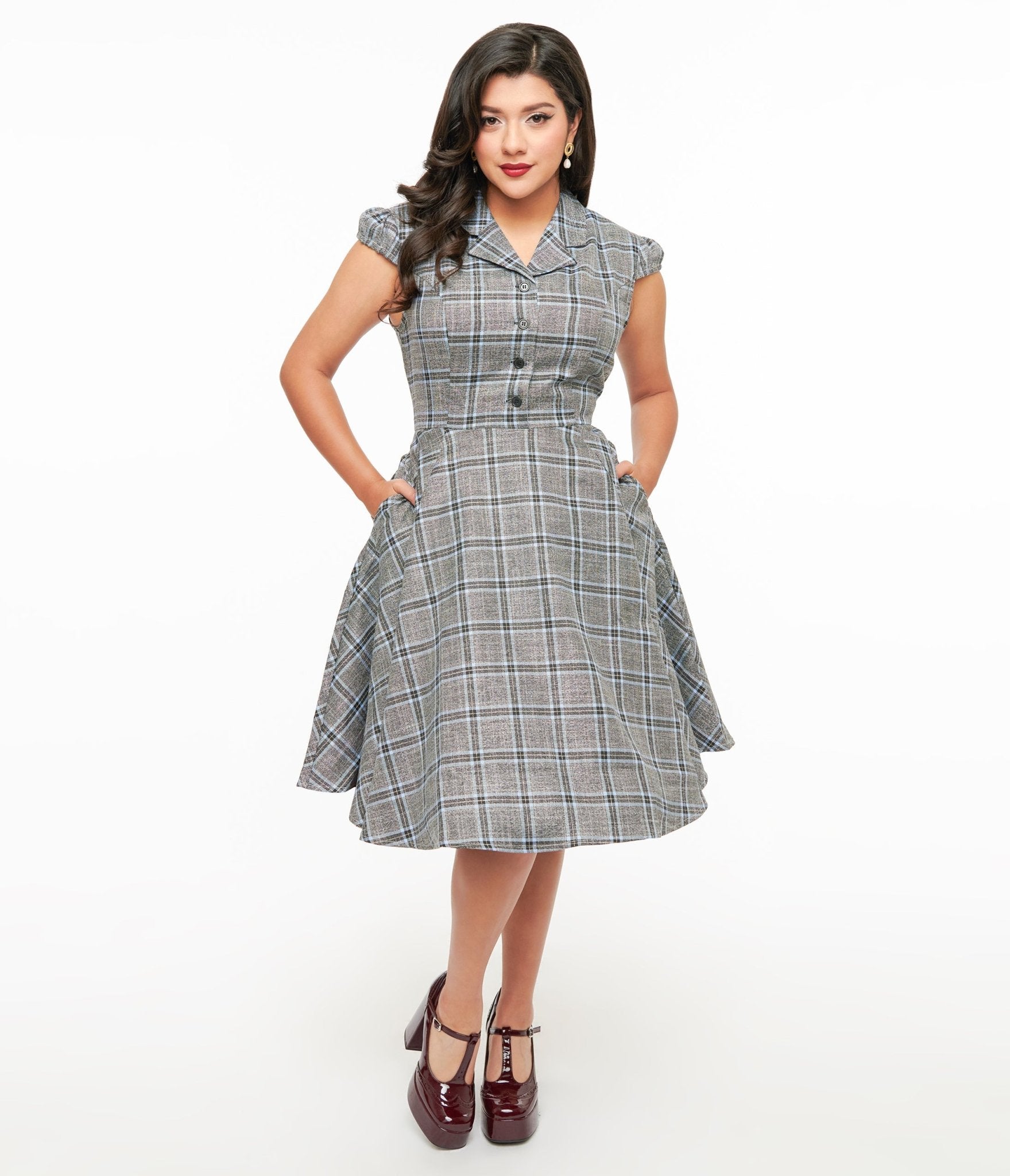 Vintage 1950s Grey and Blue Plaid Swing Dress - Retro A-Line Rockabilly Dress for Women - Perfect for Parties, Dances & Themed Events