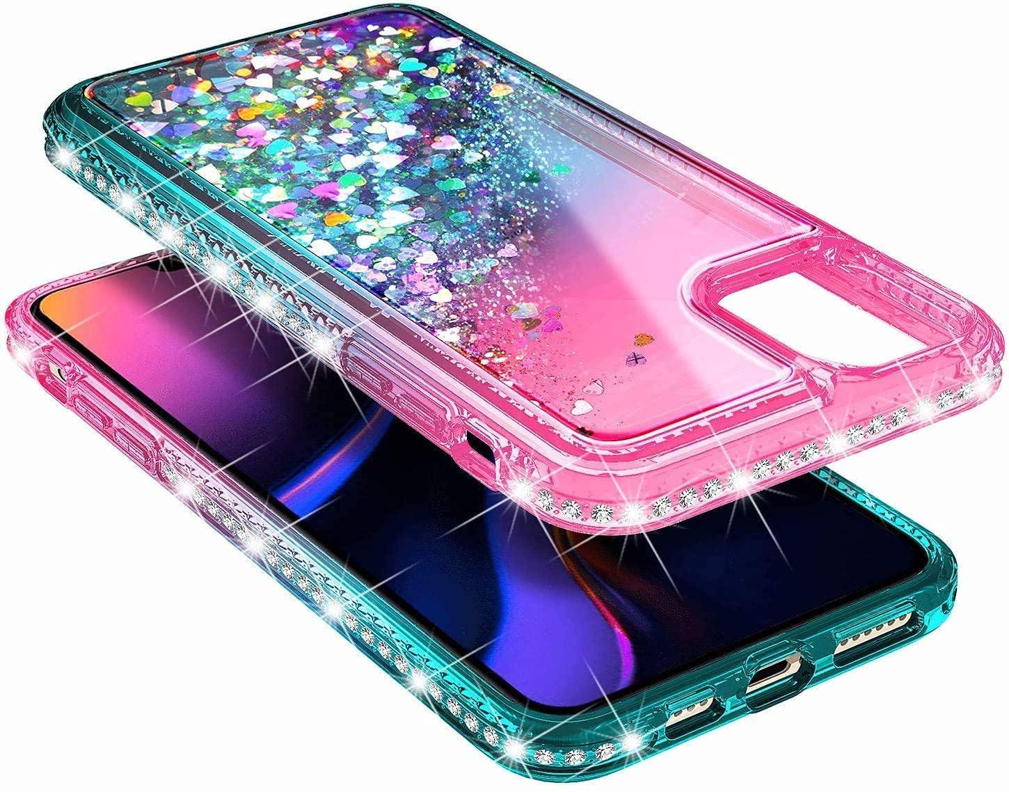 NGB iPhone 11 Case with Tempered Glass Screen Protector - Shockproof Ring Holder & Wrist Strap - Bling Sparkle Glitter Phone Cover for Women Girls (Pink/Aqua) - Perfect for Daily Use, Work, Travel & Fashion Accessories