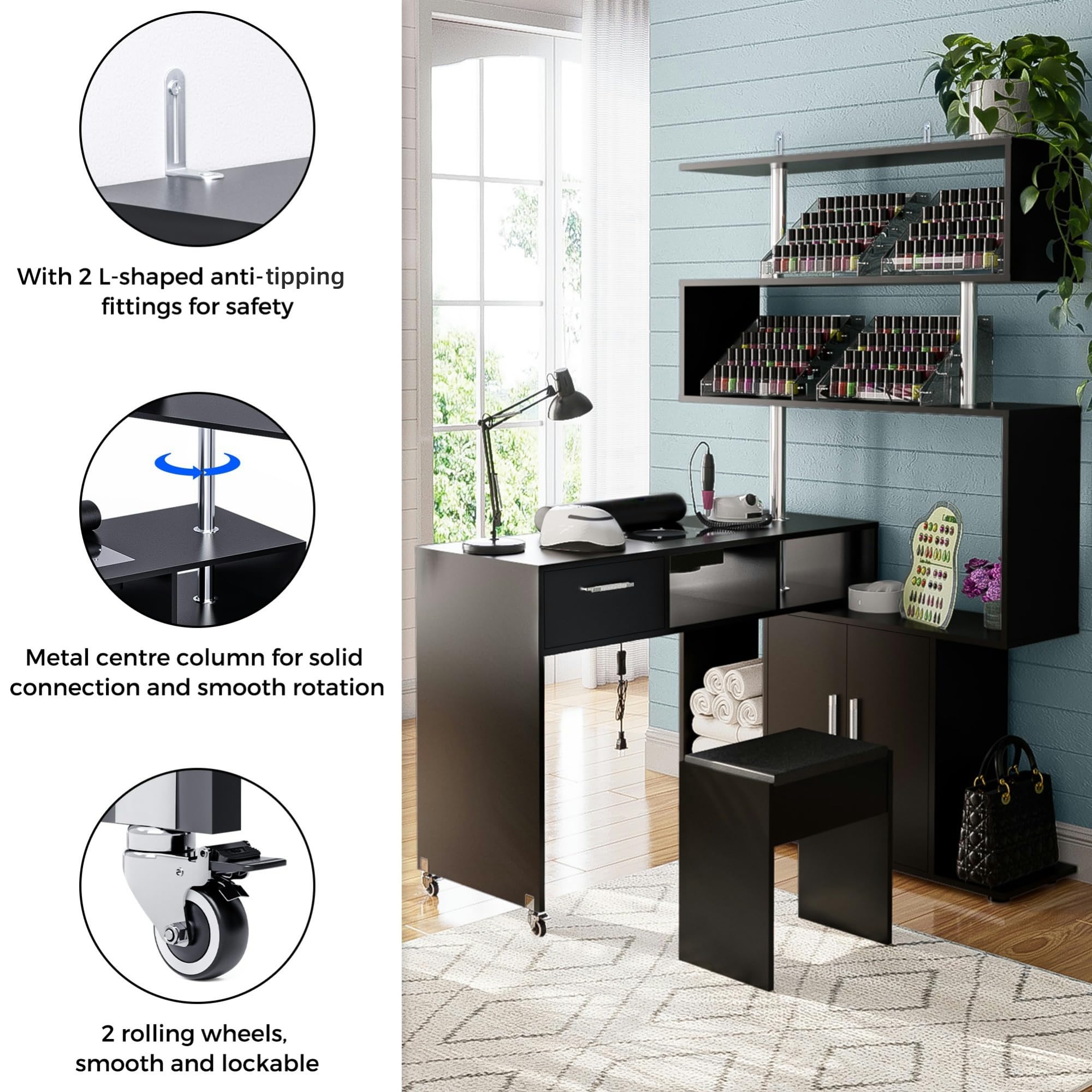 Professional Rotating L-Shaped Manicure Table with Stool - Nail Tech Desk with Built-in Dust Collector, 2-Way Drawer, Storage Cabinet & Shelves - Mobile Reversible Nail Salon Workstation (Black) | Perfect for Home Salons, Nail Technicians & Beauty Professionals