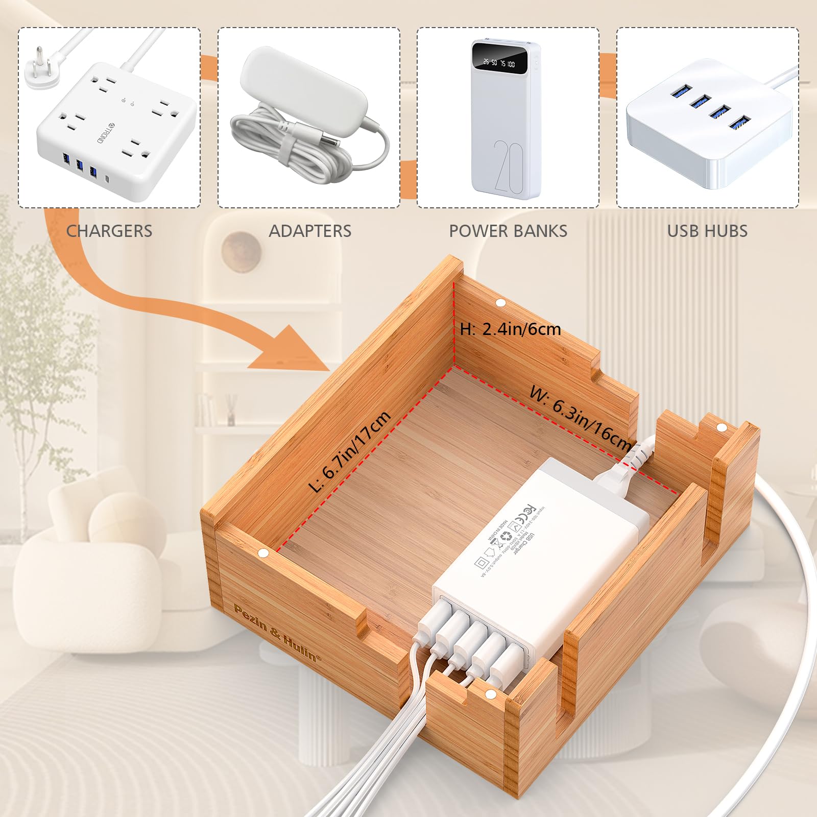 Pezin & Hulin 5-Port USB Bamboo Charging Station with 5 Cables - Multi-Device Desktop Organizer for Phones, Tablets & Accessories - Perfect for Home, Office & Travel Use