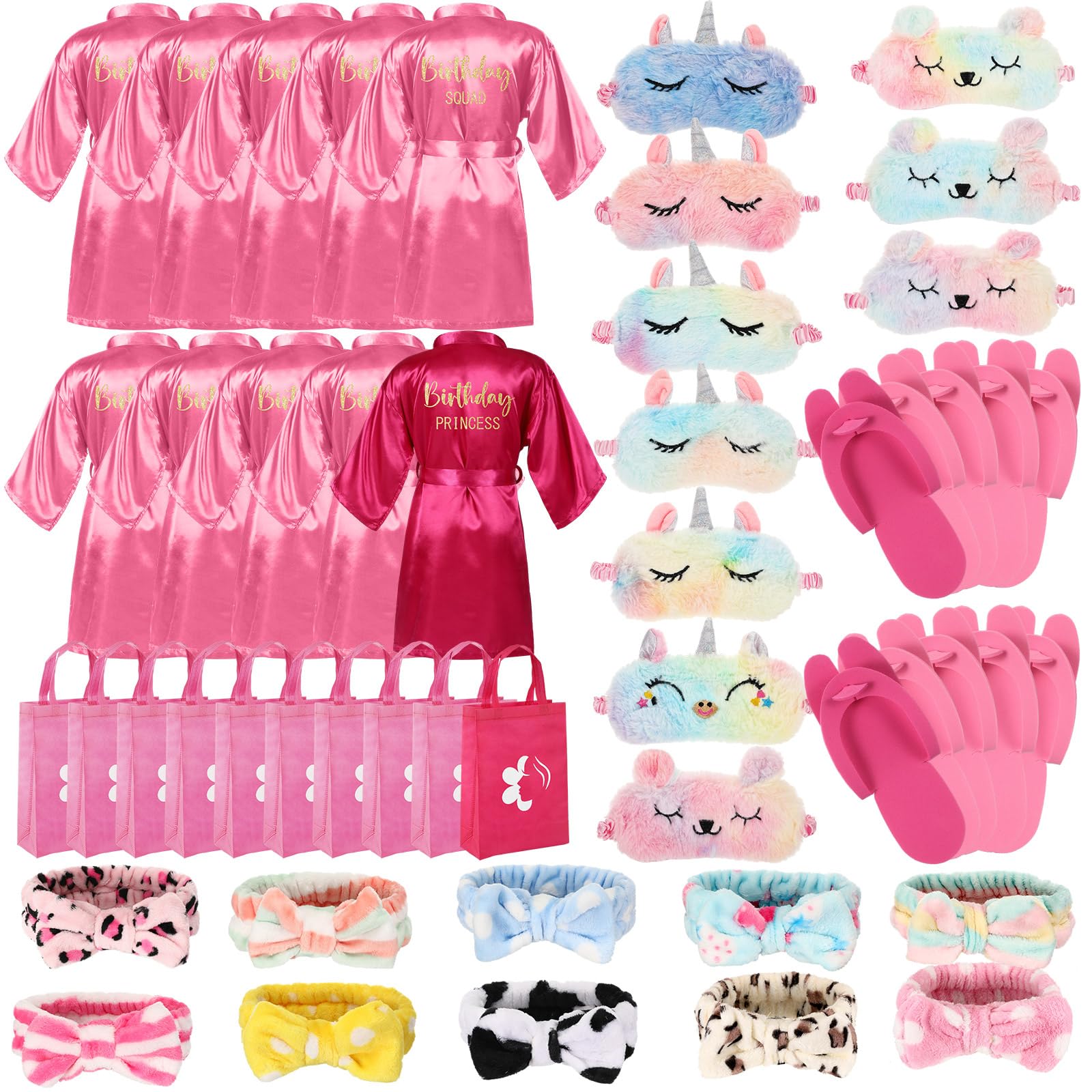 Bonuci 50 Pcs Spa Party Supplies Kit for Girls - 10 Satin Robes & 10 Kids Slippers - Sleepover Birthday Party Favors for Girls Spa Day, Pampering Party & Relaxation Gifts