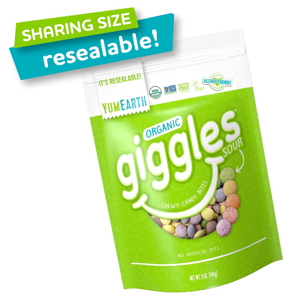 YumEarth Organic Sour Giggles Chewy Candy – Allergy Friendly, Vegan, Non-GMO, Gluten Free, No Artificial Dyes or Flavors – 5 oz (Pack of 6) – Perfect for School Lunches, Birthday Parties & Healthy Snacking