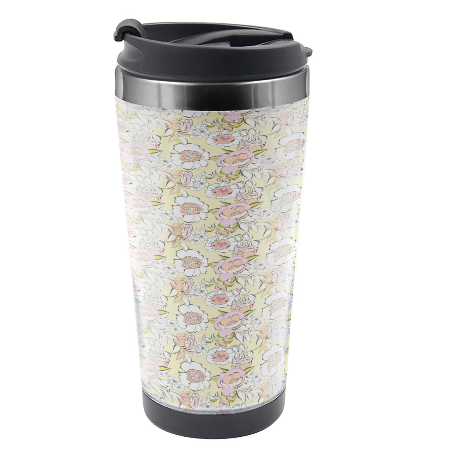 Ambesonne Floral Travel Mug - 16 oz Stainless Steel Thermal Cup with Pastel Flower Design - Perfect for Coffee, Tea & Hot Drinks on the Go - Ideal for Commuting, Travel & Outdoor Activities