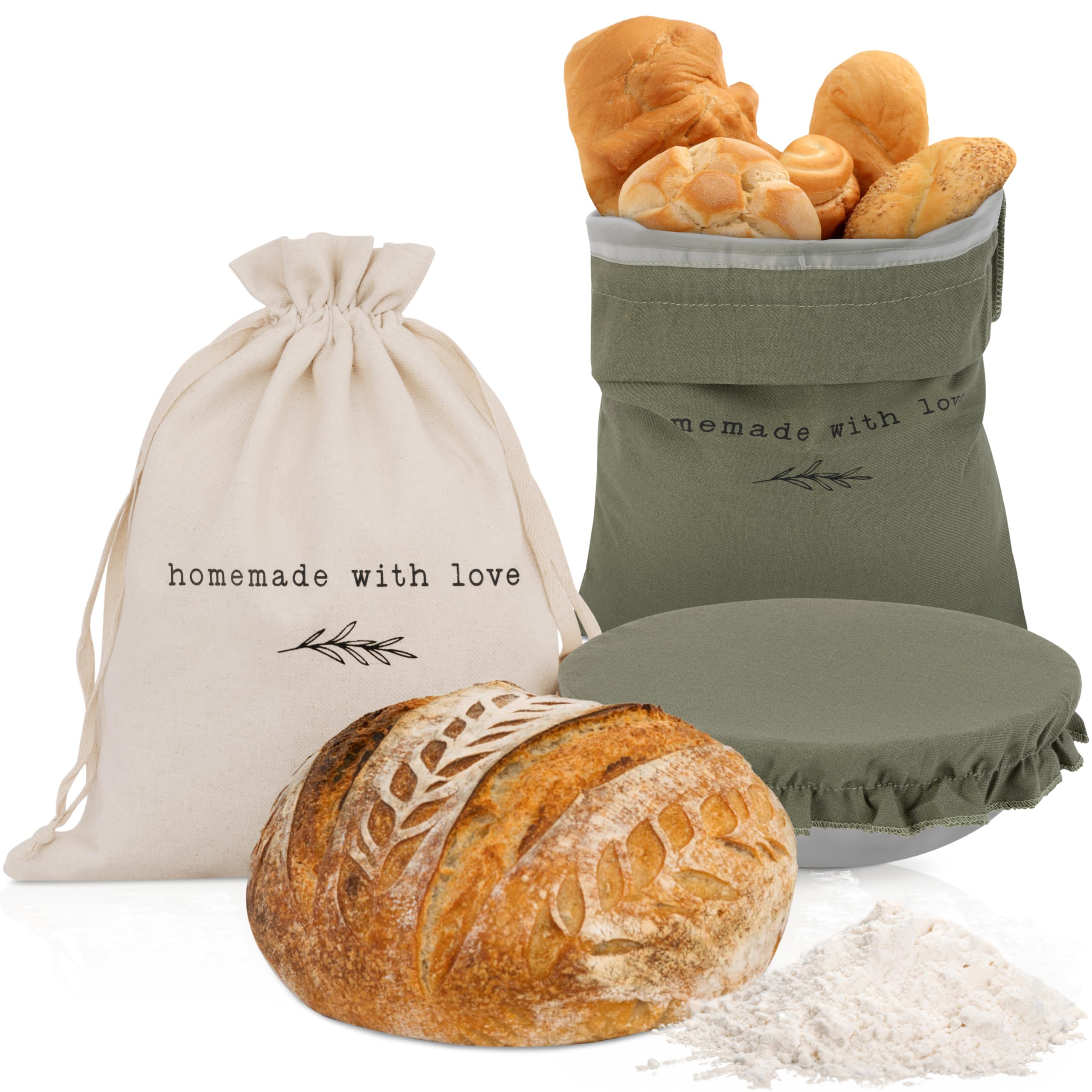 Premium Linen Bread Bag Set with Proofing Cover - Fresh Homemade Sourdough Storage - Reusable & Washable Bread Keeper - Perfect for Artisan Baking, Picnics & Gift Giving