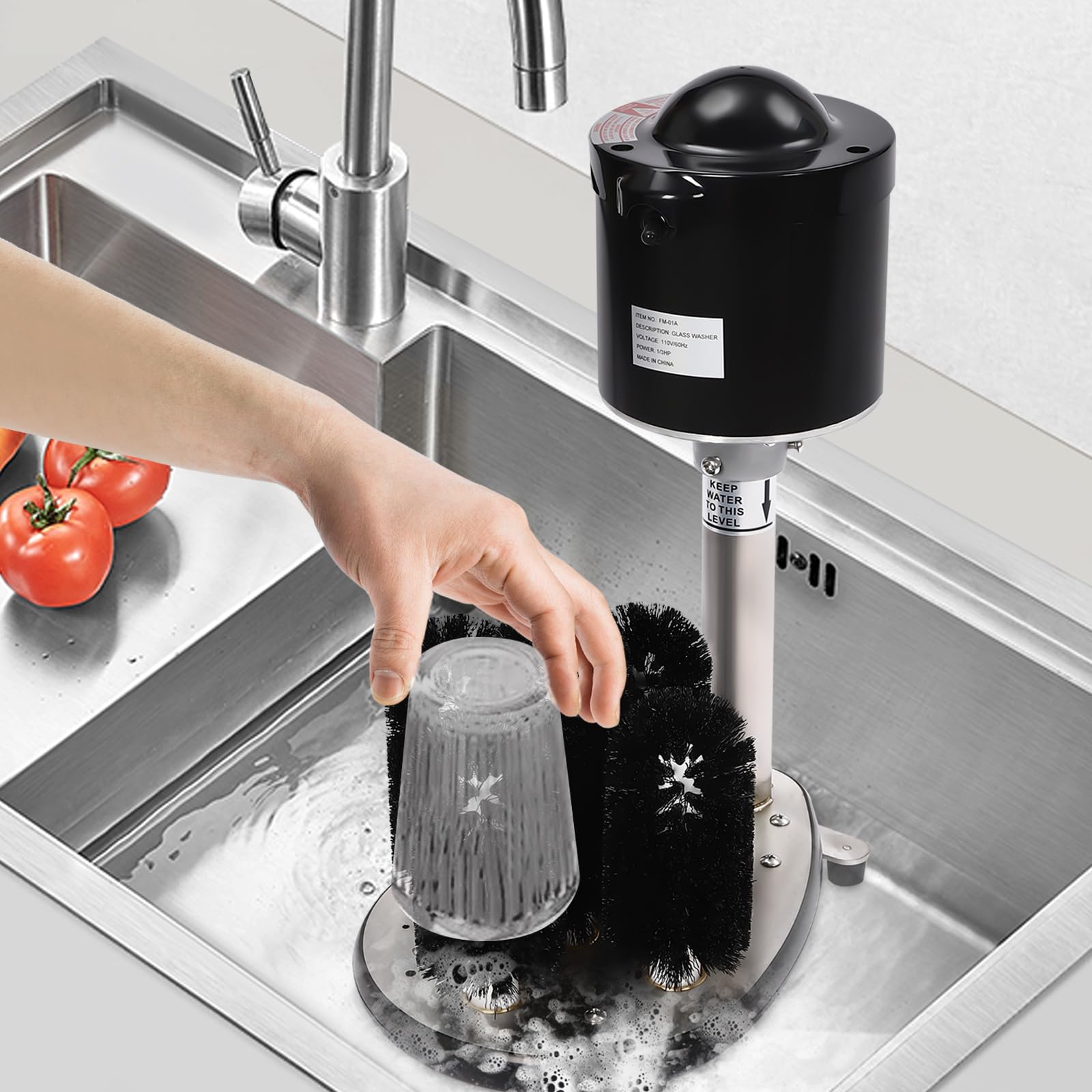 Commercial Glass Washer Machine - 5 Brush Stainless Steel Electric Wine Glass Cleaner for Bars, Cafes & Restaurants | Automatic Cup Washing System for Winery, Pub, Hotel & Kitchen Use (Black)