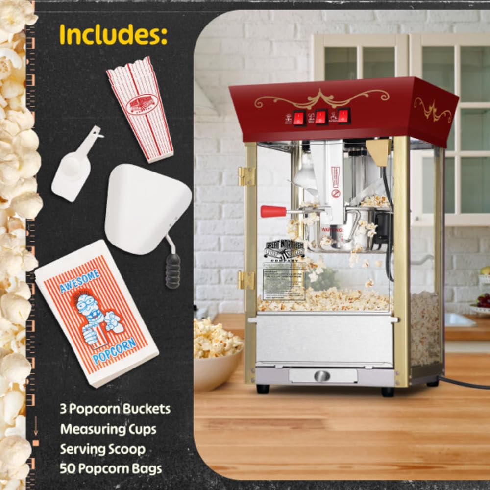 Great Northern Popcorn Matinee 8oz Commercial Popcorn Machine with Cart - Stainless Steel Kettle, Warming Light & Accessories for Movie Theaters, Carnivals & Home Theater (Red)