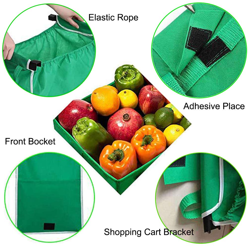 2 Pack Reusable Grocery Bags - Eco-Friendly Shopping Trolley Bags with Handles, Foldable Non-Woven Tote Bags for Supermarket, Farmers Market & Grocery Shopping - Clip on Shopping Cart for Convenient Grab & Go