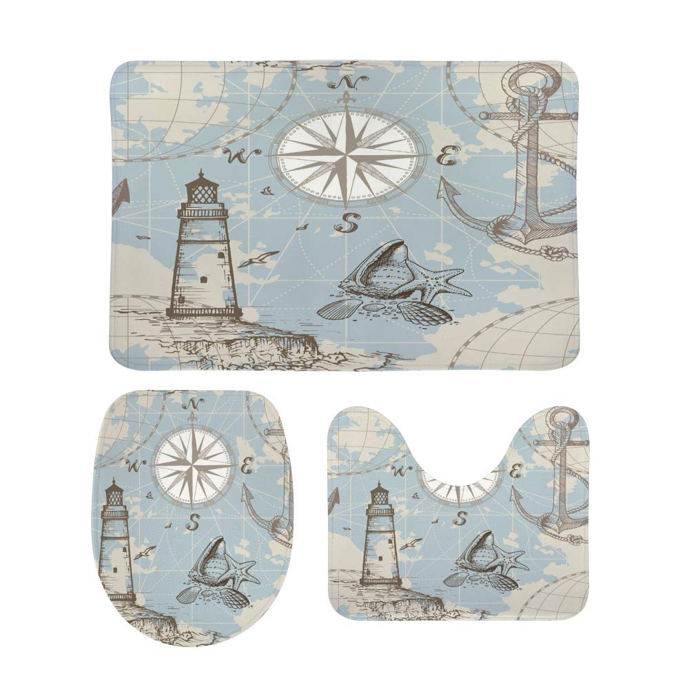 Non-Slip 3-Piece Bathroom Rugs Set - Absorbent Shower Mats with Sea Compass & Lighthouse Design, Soft Toilet Floor Carpet, Machine Washable - Perfect for Bathroom, Shower, and Entryway Decor