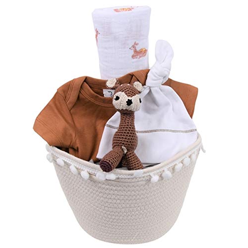 Organic Baby Gift Basket - Forest Fawn Theme - Newborn Gift Set for Boys & Girls (0-3 Months) | Perfect Baby Shower, Welcome Home & First Birthday Present