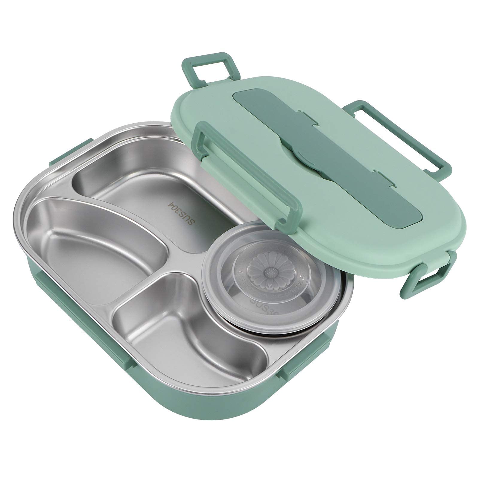 Stainless Steel 4-Compartment Bento Lunch Box for Hot Food - Portable & Leak-Proof Food Storage Container for Kids & Adults (Green) | Perfect for School, Office, Picnics & Meal Prep