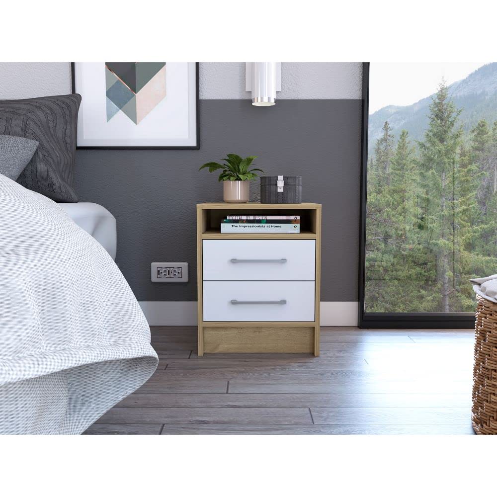Modern White & Light Oak Nightstand with 2 Drawers & Open Shelf - Bedside Table for Bedroom, Living Room, or Office Storage