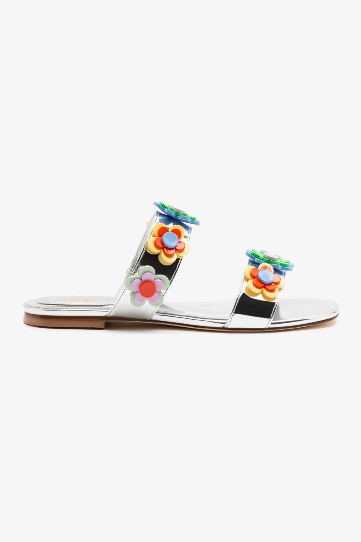 Larroudé x Gabriela Noelle Blossom Flat Sandals - Silver Specchio & Multicolor Acrylic Women's Summer Shoes | Perfect for Beach Vacations, Weddings & Casual Outings